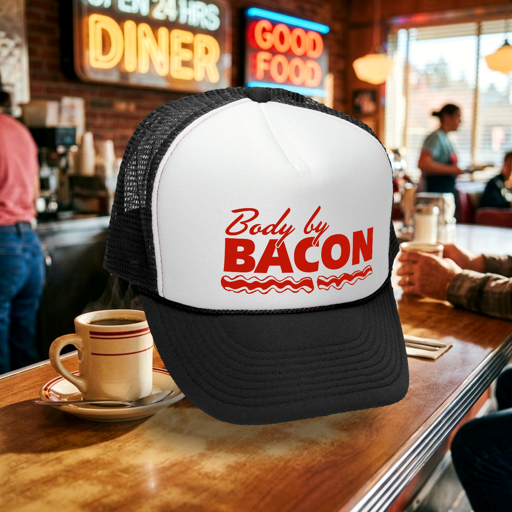 Body by Bacon Trucker Hat - Mesh Cap - Flat Bill Snap Back 5 Panel Hat