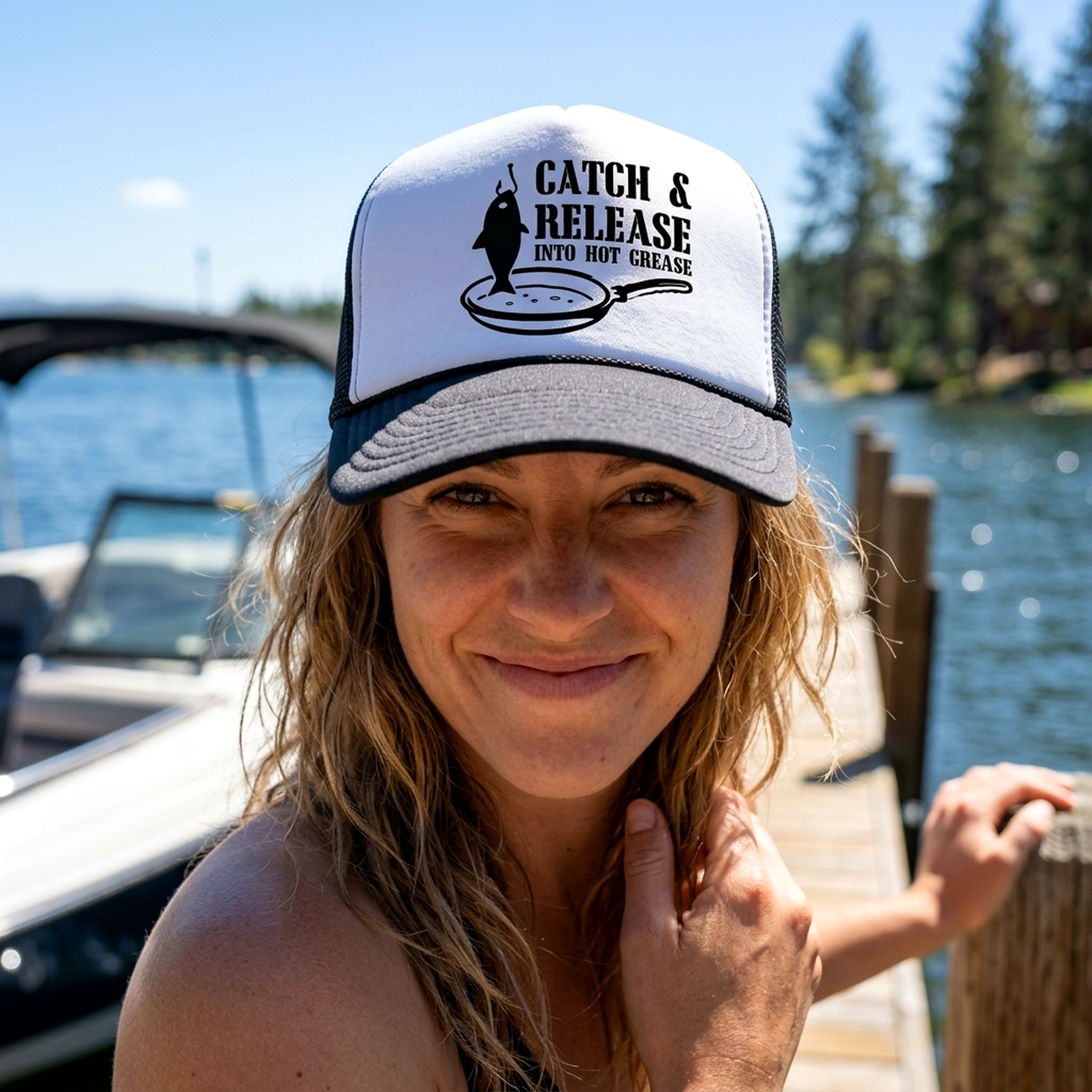 Catch and Release into Hot Grease Trucker Hat - Mesh Cap - Flat Bill Snap Back 5 Panel Hat