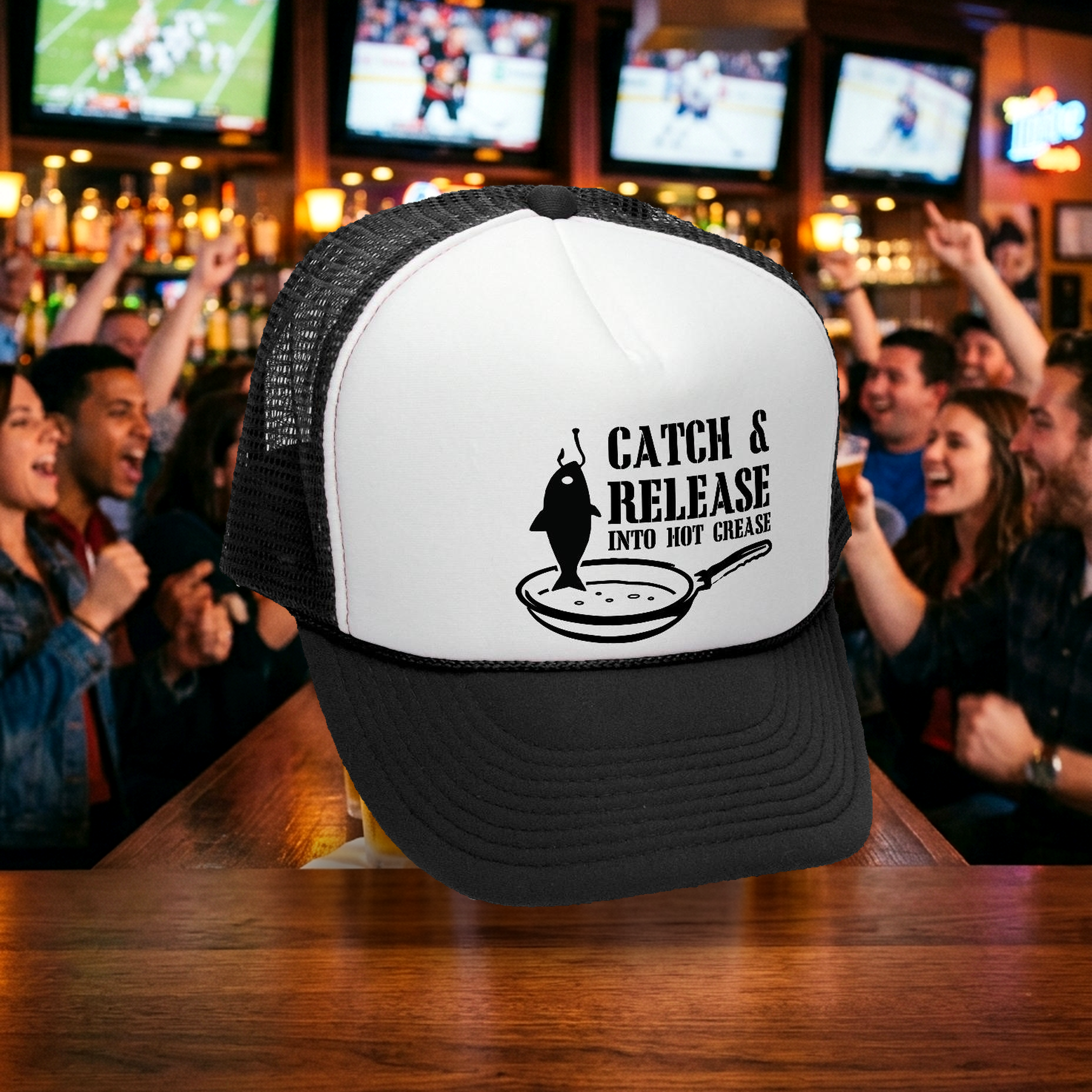 Catch and Release into Hot Grease Trucker Hat - Mesh Cap - Flat Bill Snap Back 5 Panel Hat