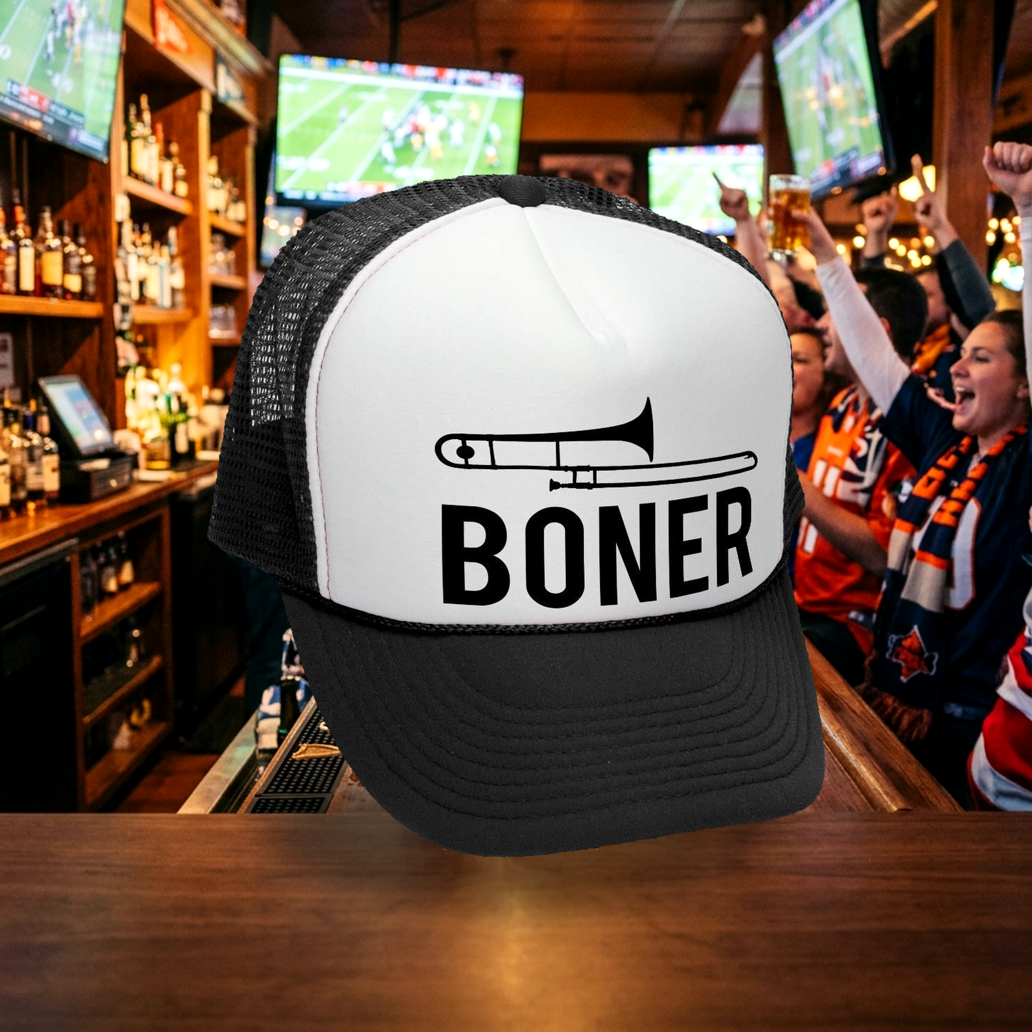 Boner Trucker Hat - Mesh Cap - Flat Bill Snap Back 5 Panel Hat