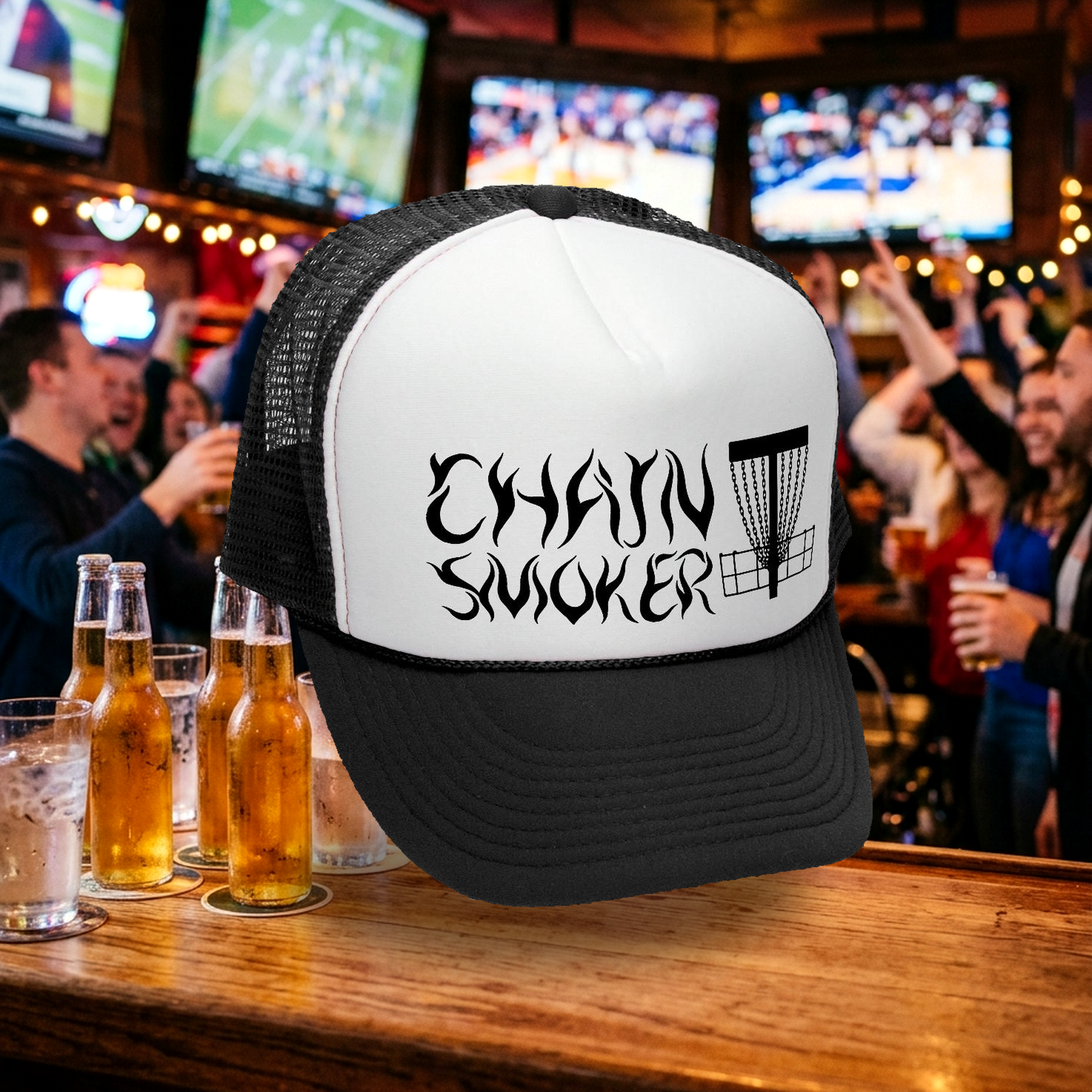 Chain Smoker Trucker Hat - Mesh Cap - Flat Bill Snap Back 5 Panel Hat