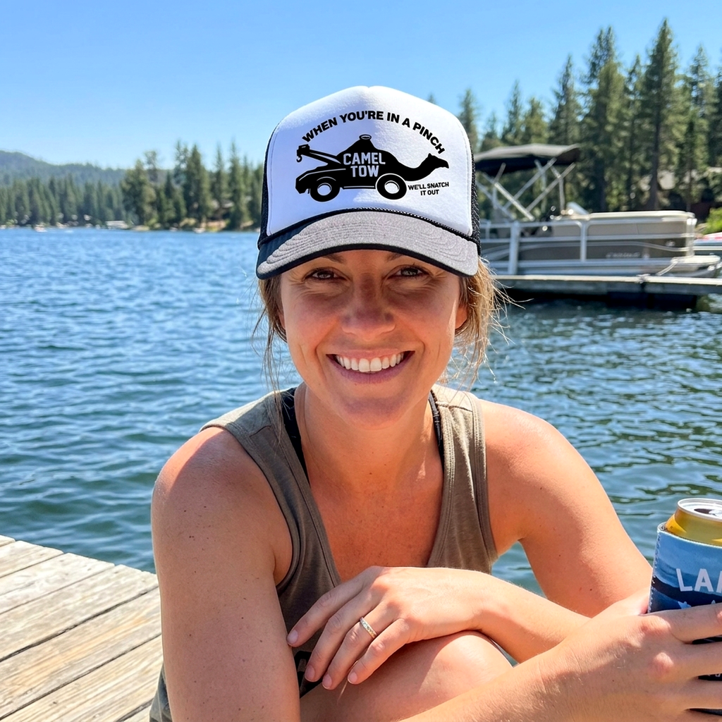 Camel Tow Trucker Hat - Mesh Cap - Flat Bill Snap Back 5 Panel Hat