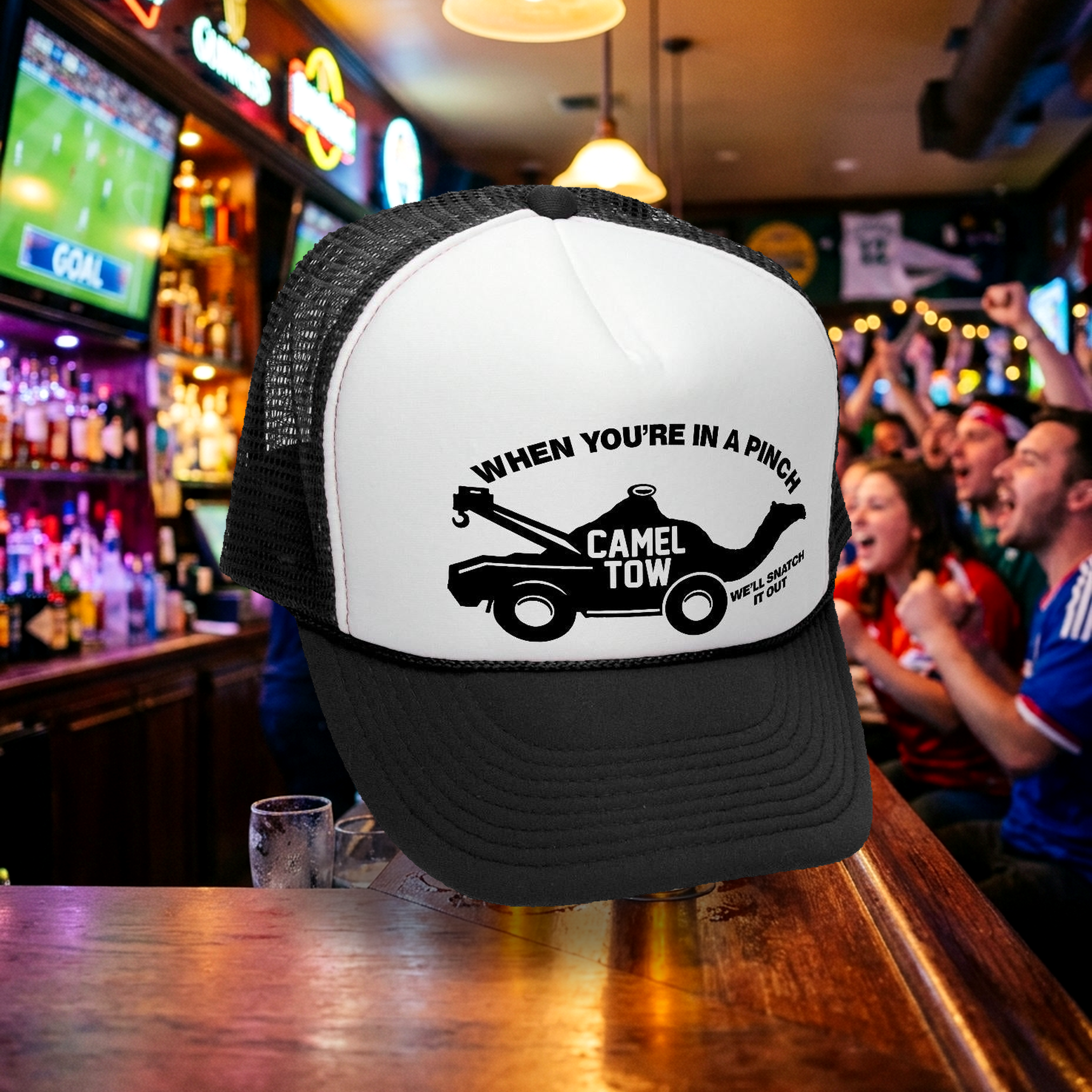 Camel Tow Trucker Hat - Mesh Cap - Flat Bill Snap Back 5 Panel Hat