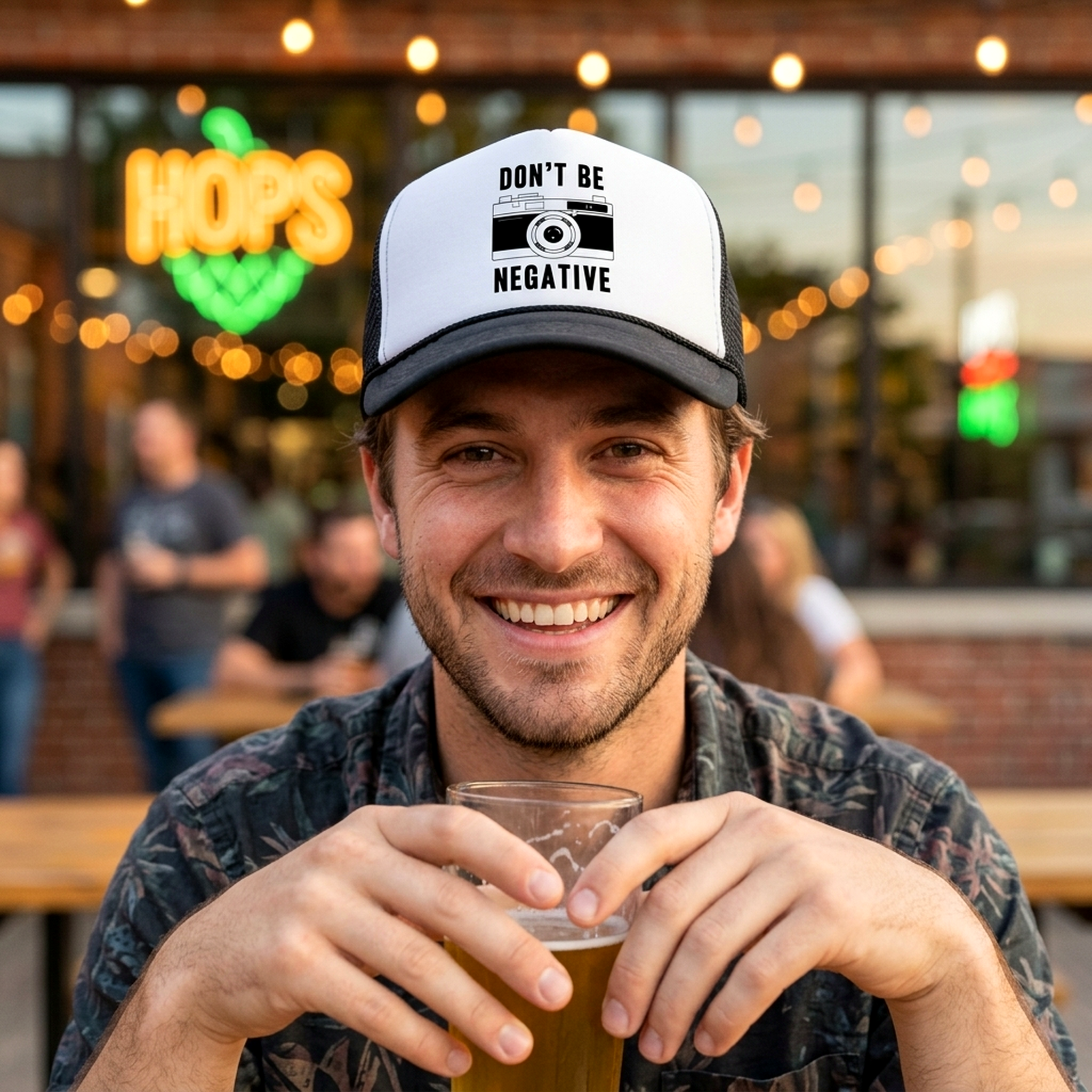 Camera Don't Be Negative Trucker Hat - Mesh cap - Flat Bill Snap Back 5 Panel Hat