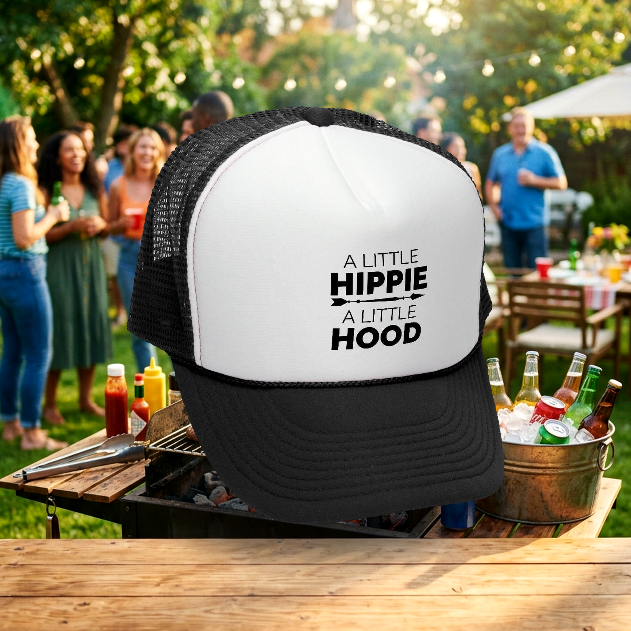 A Little HIPPIE a Little HOOD - Retro Vintage Mesh Trucker Cap Hat - Flat Bill Snap Back 5 Panel Hat