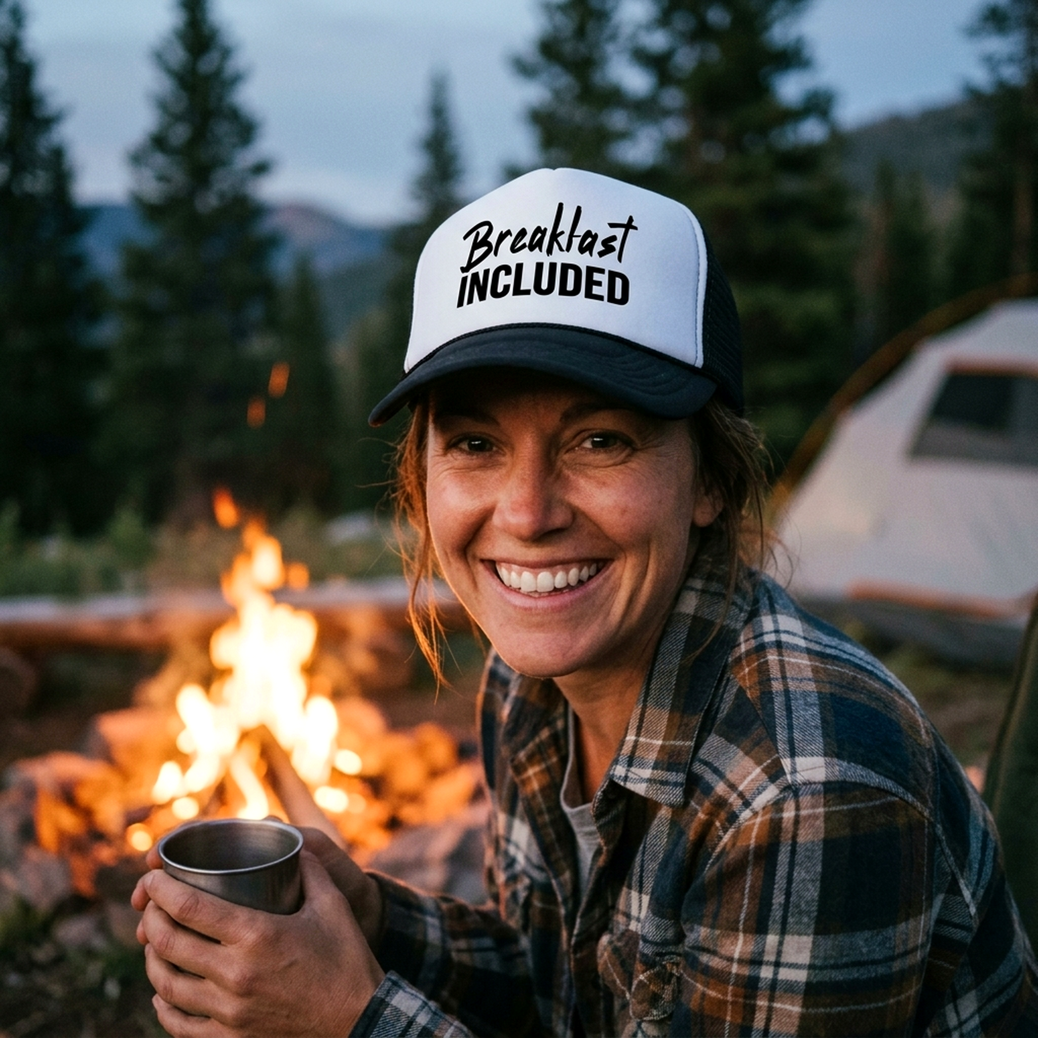 Breakfast Included - Retro Vintage Mesh Trucker Cap Hat - Flat Bill Snap Back 5 Panel Hat
