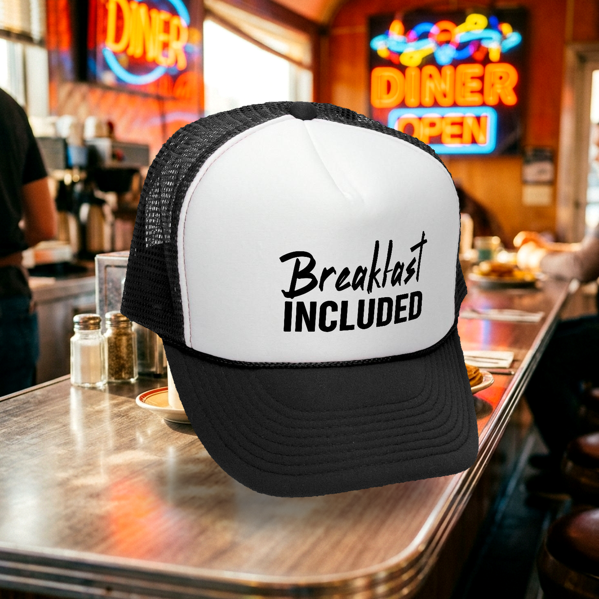 Breakfast Included - Retro Vintage Mesh Trucker Cap Hat - Flat Bill Snap Back 5 Panel Hat