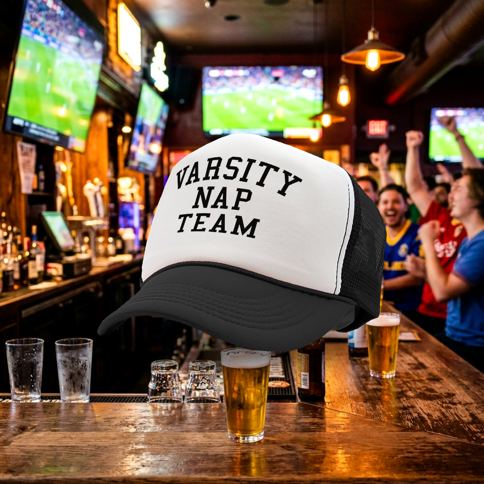 VARSITY NAP TEAM - college sleep joke - Vintage Retro Style Trucker Cap Hat - Five Panel Retro Style TRUCKER Cap