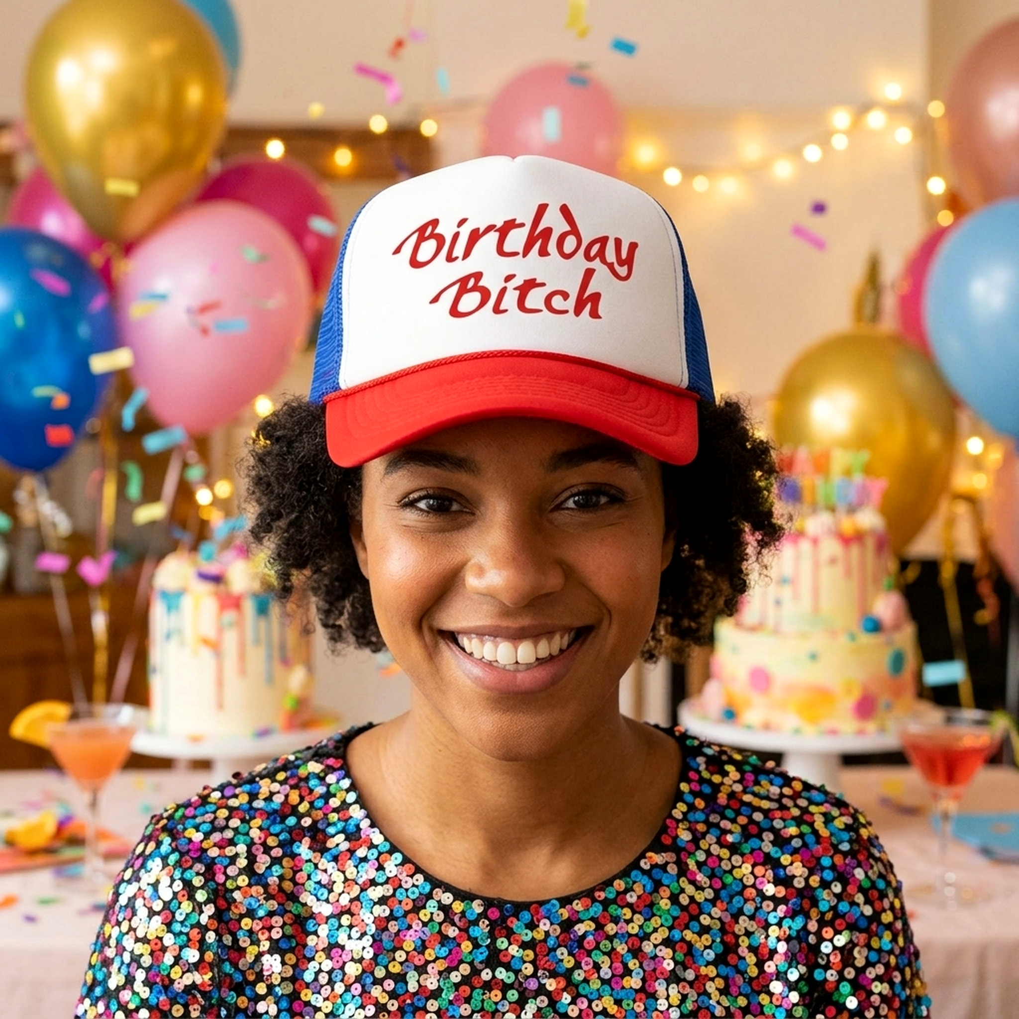 BIRTHDAY BITCH - funny gift party prank joke - Vintage Retro Style Trucker Cap Hat - Five Panel Retro Style TRUCKER Cap