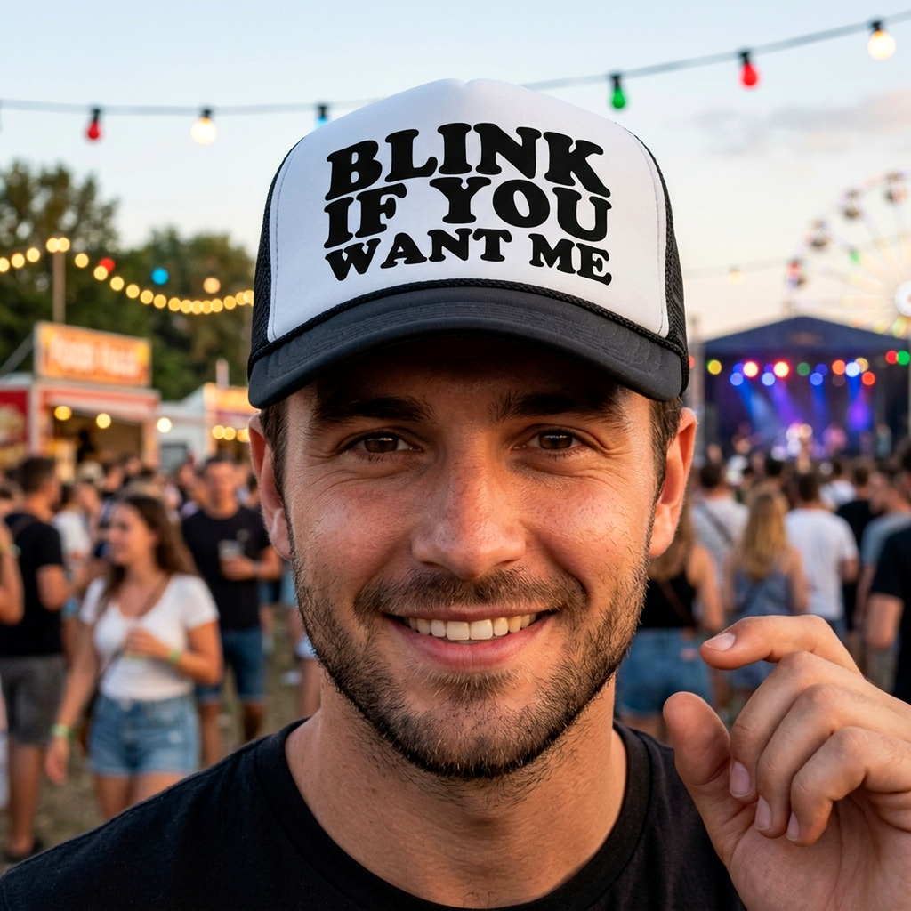 BLINK if you WANT ME - Retro Trucker Style Mesh Baseball Cap - Five Panel Retro Style TRUCKER Cap
