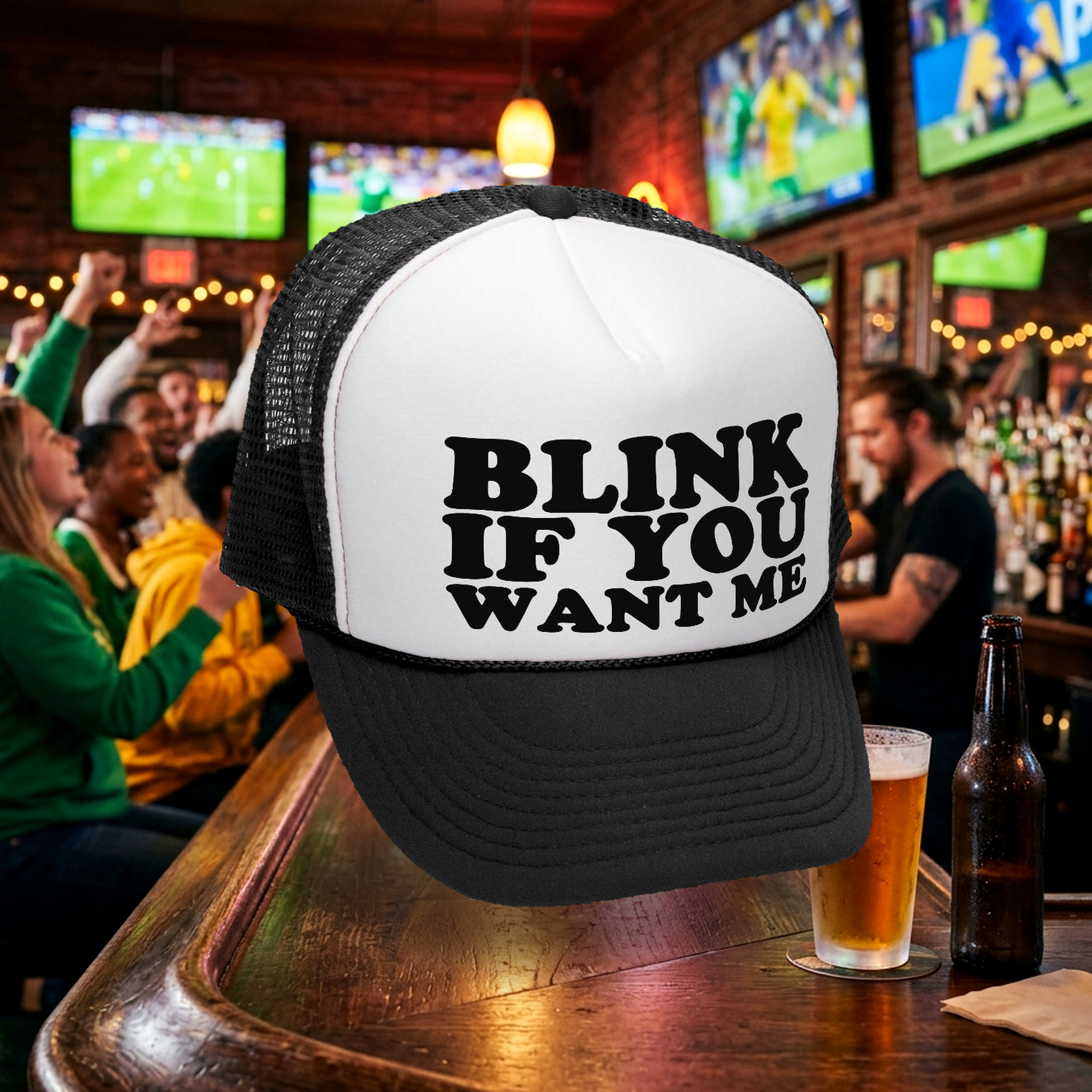 BLINK if you WANT ME - Retro Trucker Style Mesh Baseball Cap - Five Panel Retro Style TRUCKER Cap