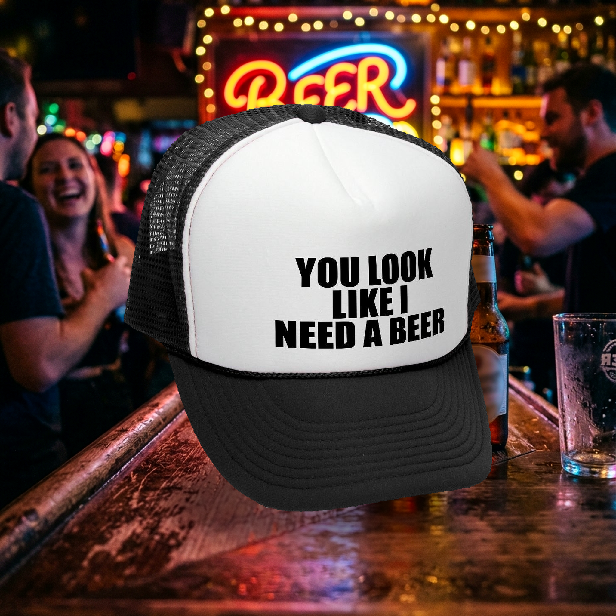 YOU LOOK LIKE I NEED A BEER - Unisex Adult Trucker Cap Hat - Five Panel Retro Style TRUCKER Cap