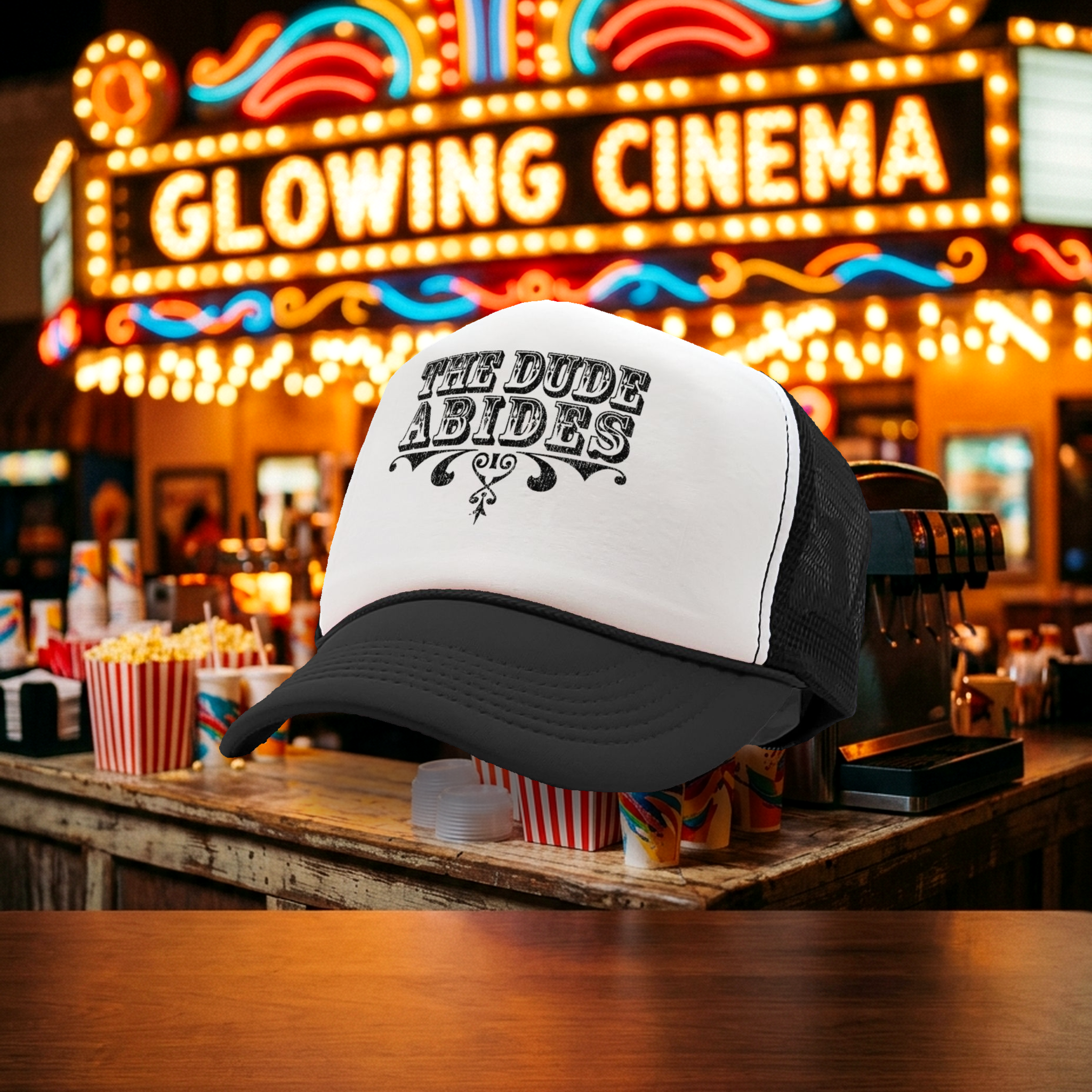 THE DUDE ABIDES - lebowski funny - Vintage Retro Style Trucker Cap Hat - Five Panel Retro Style TRUCKER Cap