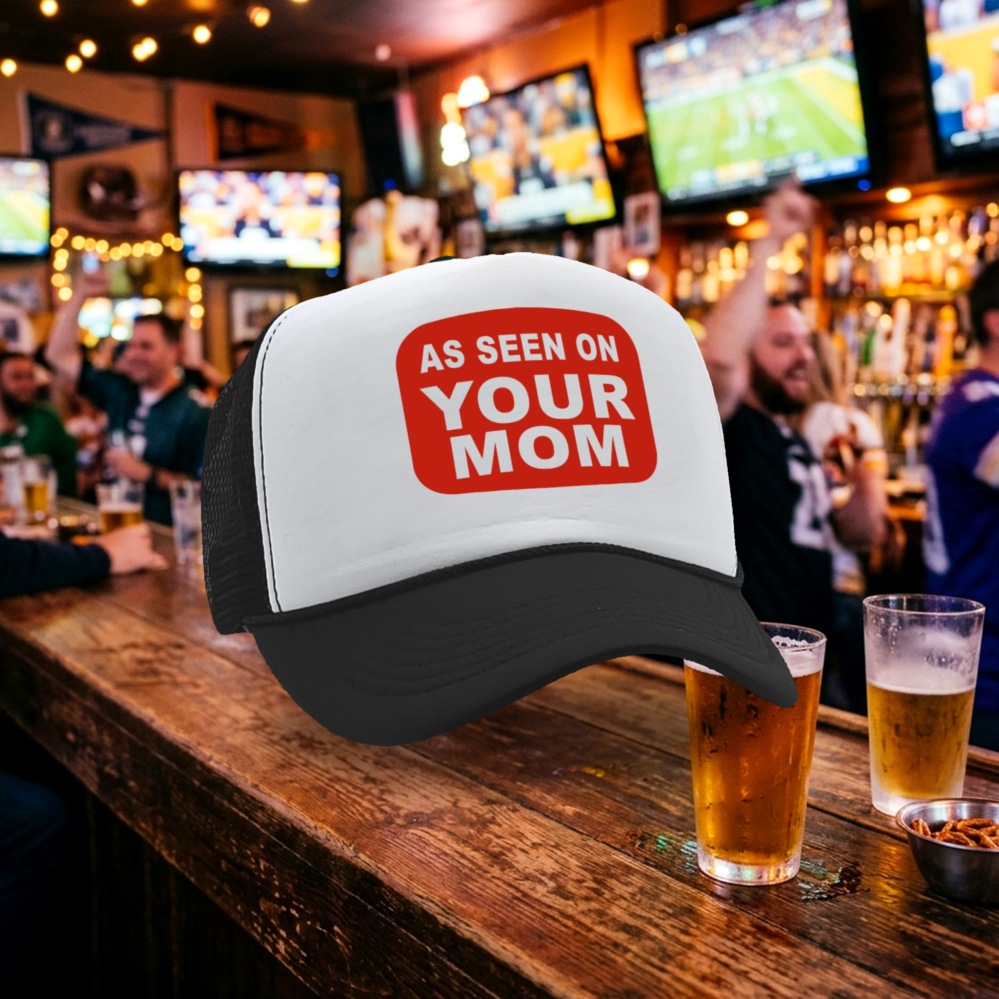 AS SEEN ON YOUR MOM - Vintage Retro Style Trucker Cap Hat - Five Panel Retro Style TRUCKER Cap
