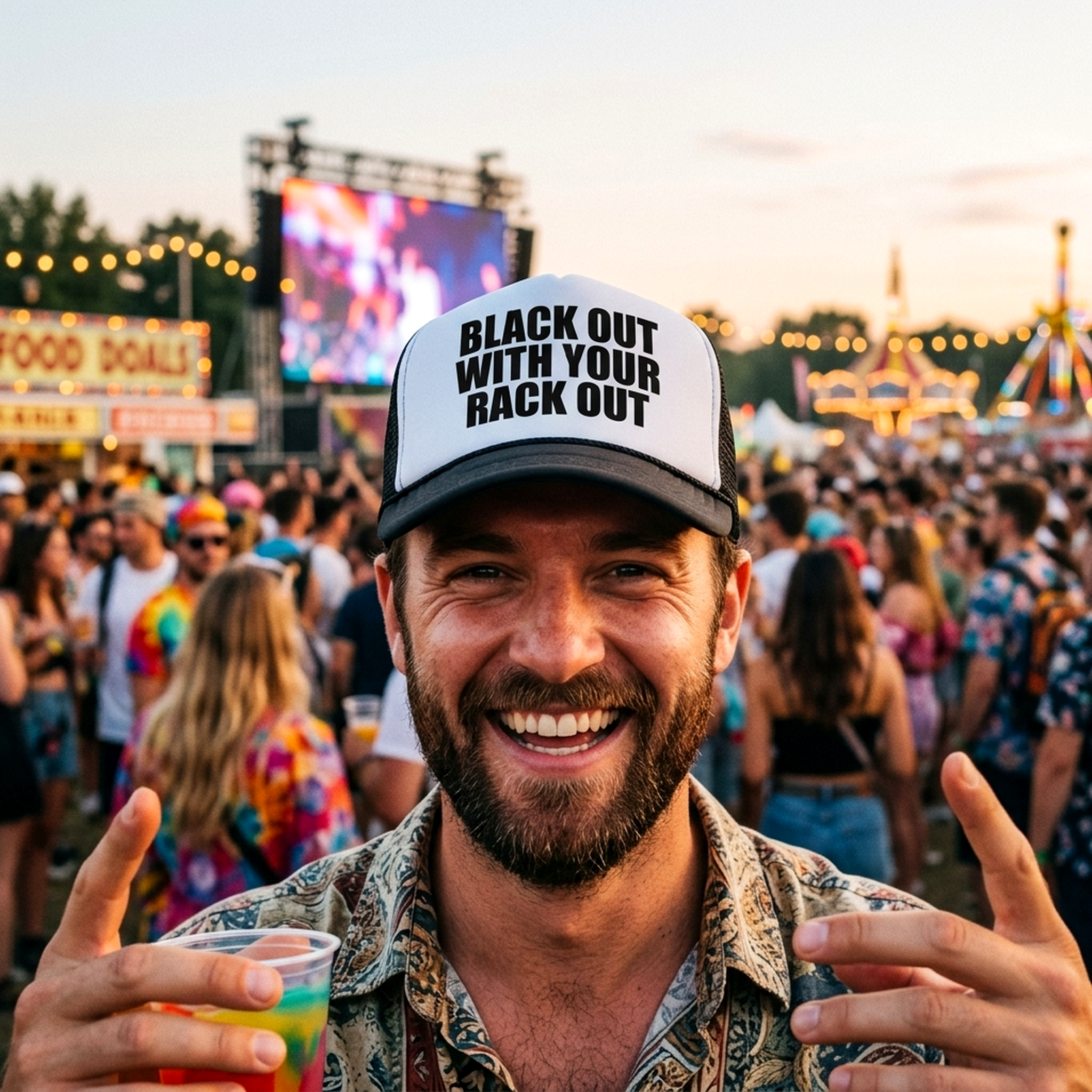 BLACK OUT with your RACK OUT funny sexy - Vintage Retro Style Trucker Cap Hat - Five Panel Retro Style TRUCKER Cap