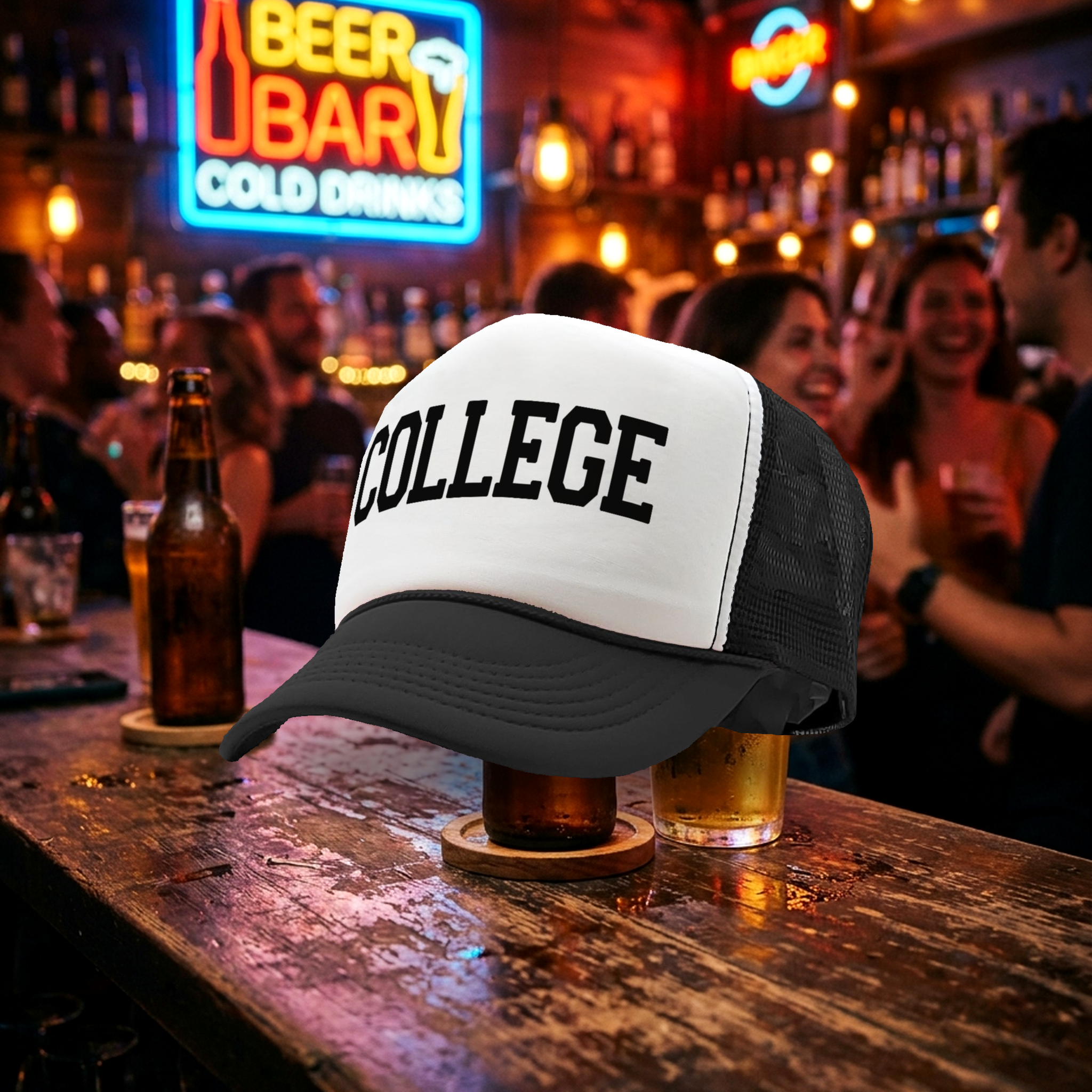 COLLEGE - funny 80's movie joke gag - Vintage Retro Style Trucker Cap Hat - Five Panel Retro Style TRUCKER Cap