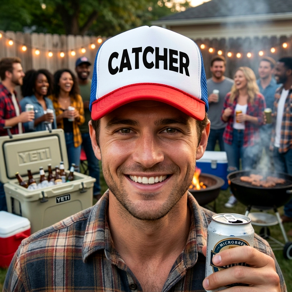 CATCHER - pitcher funny lgbtq gay rights - Vintage Retro Style Trucker Cap Hat - Five Panel Retro Style TRUCKER Cap