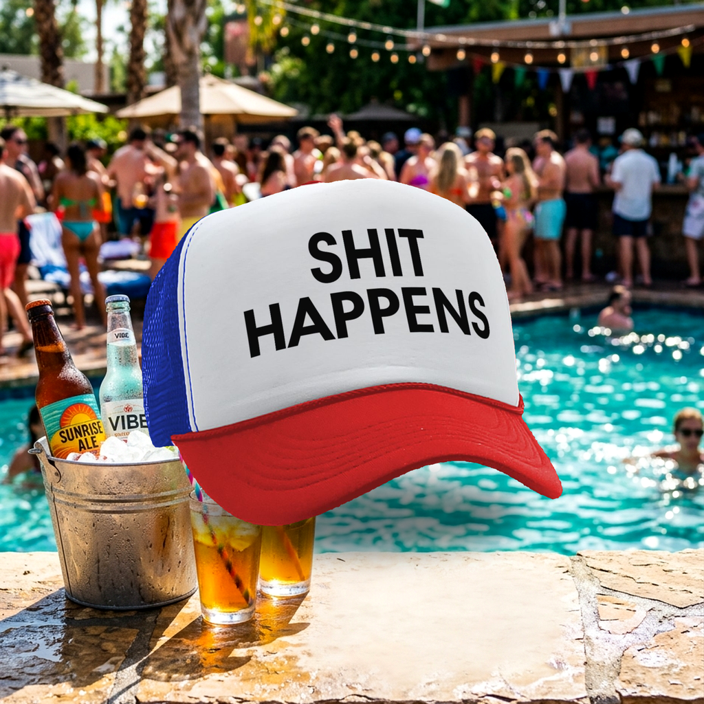 S___ HAPPENS - funny saying parody joke - Vintage Retro Style Trucker Cap Hat - Five Panel Retro Style TRUCKER Cap