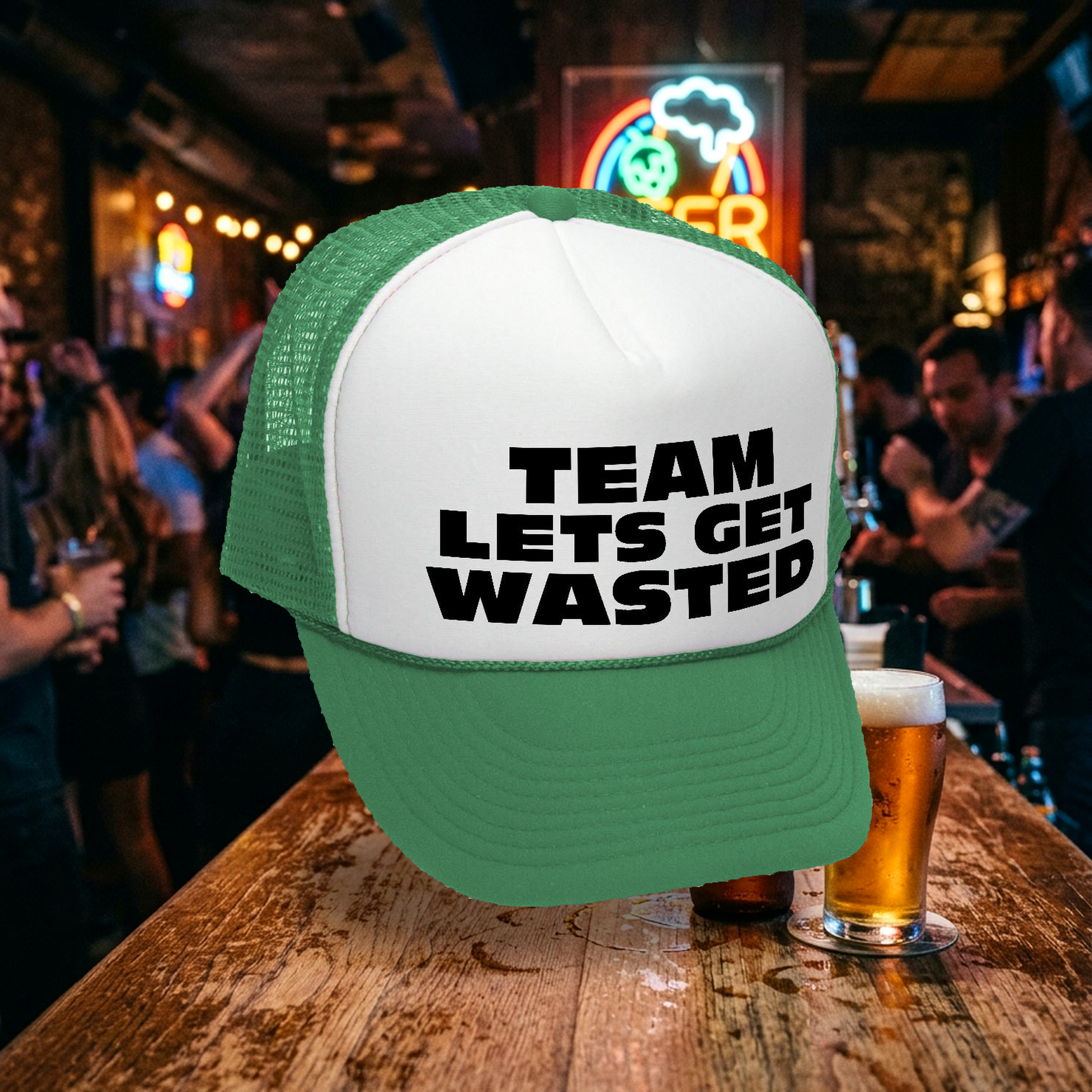 TEAM LETS GET WASTED - drink beer party - Adult Trucker Cap Hat - Five Panel Retro Style TRUCKER Cap