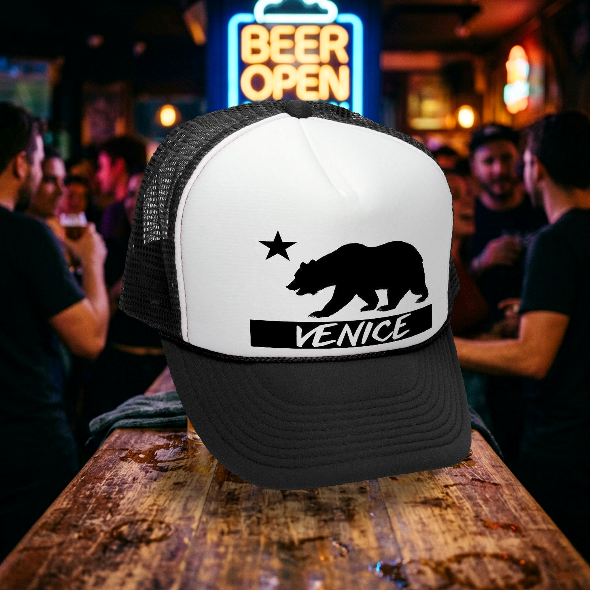 Venice Cali Bear Trucker Hat - Mesh Cap - Five Panel Retro Style TRUCKER Cap