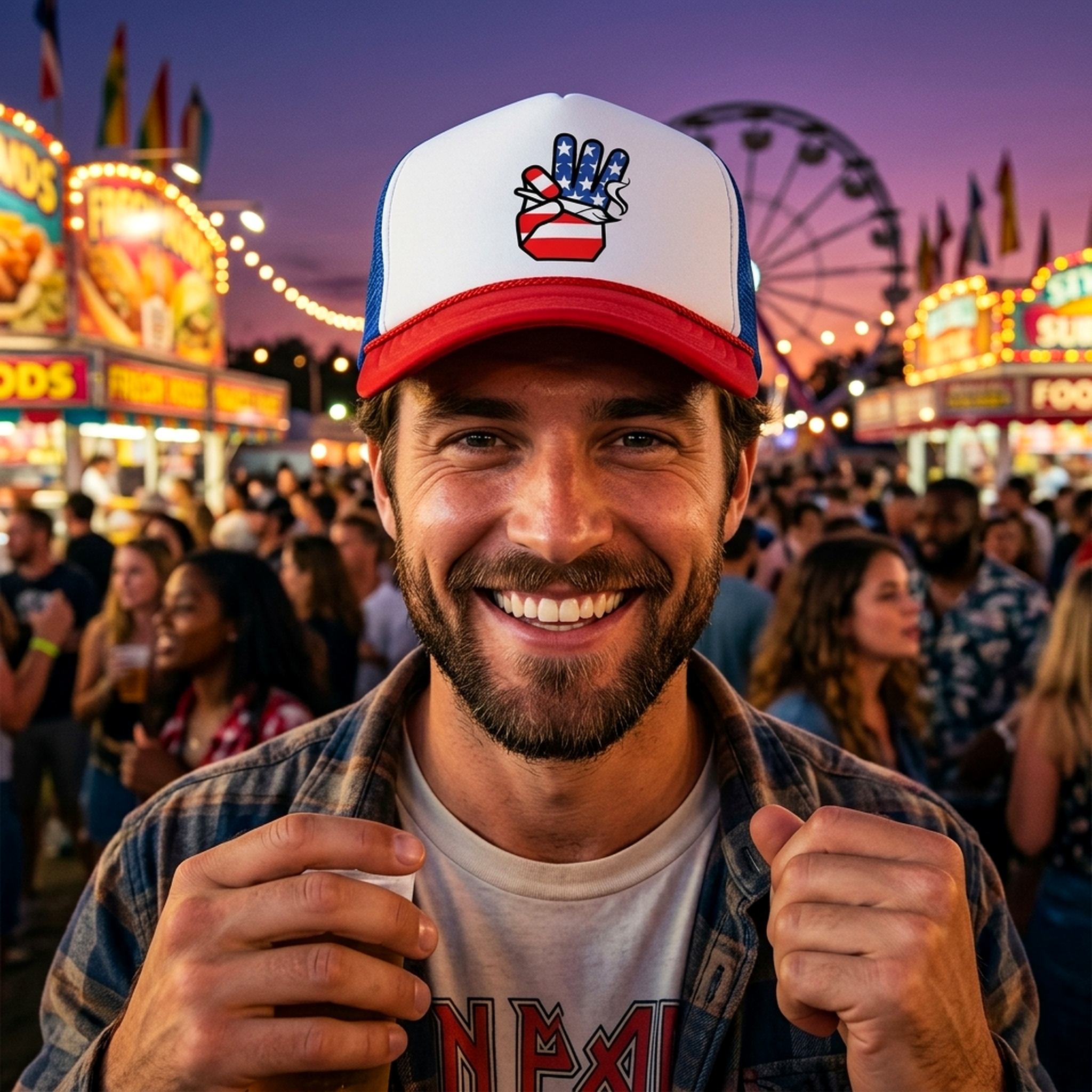 USA FLAG HAND - patriotic - Retro Vintage Style Baseball Trucker Cap Hat - Five Panel Retro Style TRUCKER Cap