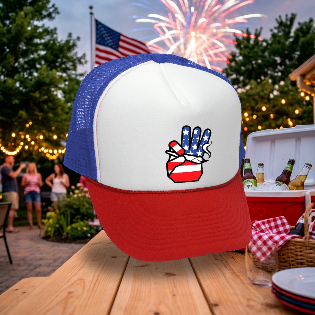 USA FLAG HAND - patriotic - Retro Vintage Style Baseball Trucker Cap Hat - Five Panel Retro Style TRUCKER Cap