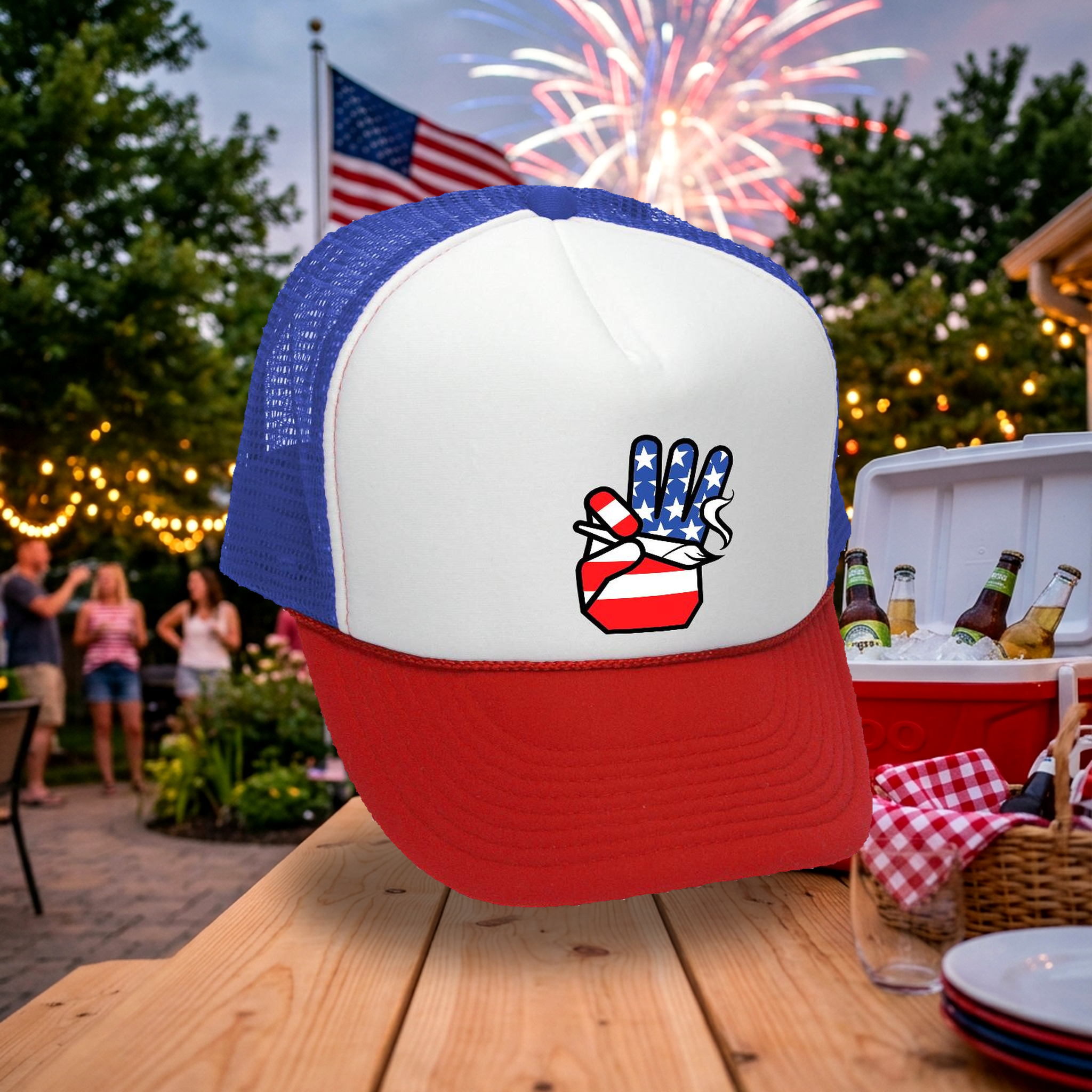 USA FLAG HAND - patriotic - Retro Vintage Style Baseball Trucker Cap Hat - Five Panel Retro Style TRUCKER Cap