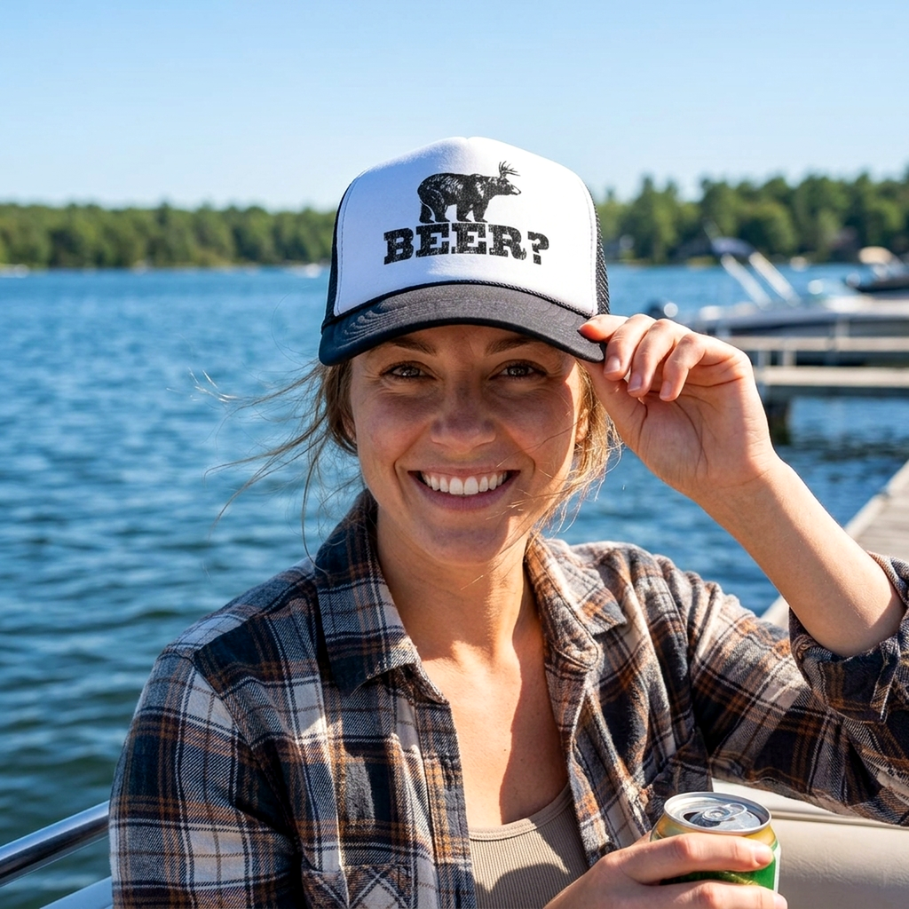 Retro DEER BEER BEAR - funny party joke - Vintage Retro Style Trucker Cap Hat - Five Panel Retro Style TRUCKER Cap