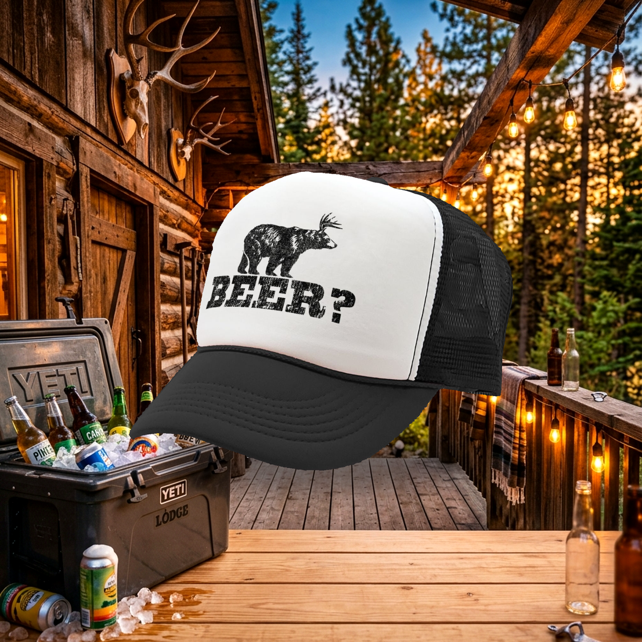 Retro DEER BEER BEAR - funny party joke - Vintage Retro Style Trucker Cap Hat - Five Panel Retro Style TRUCKER Cap