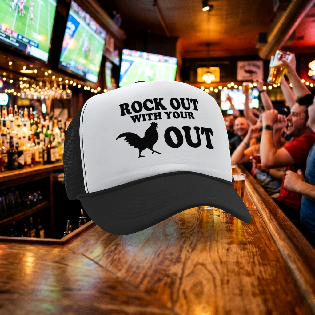 ROCK OUT with your COCK OUT - Vintage Retro Style Trucker Cap Hat - Five Panel Retro Style TRUCKER Cap