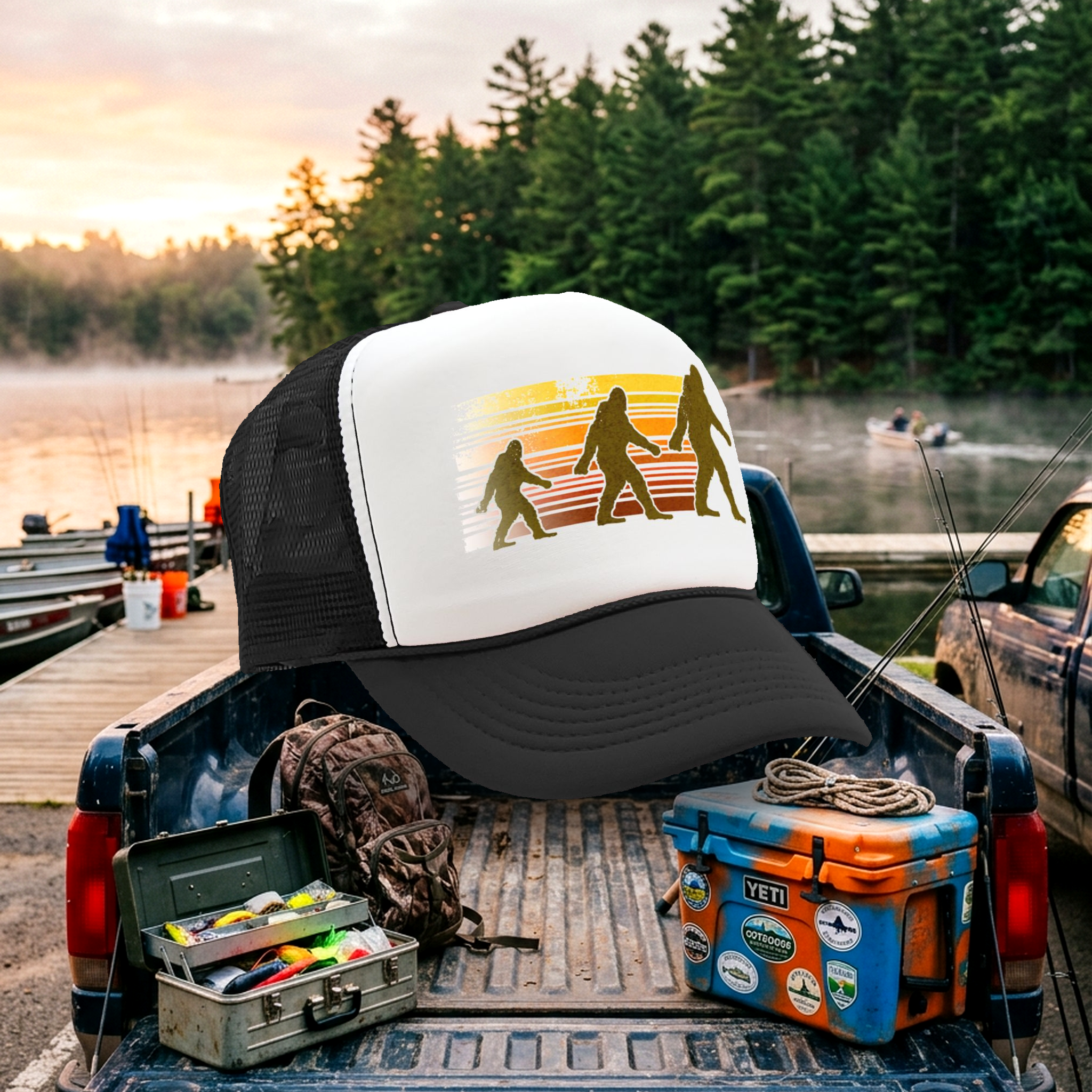 SASQUATCH WALKING - squatch hunter spookin - Vintage Retro Style Trucker Cap Hat - Five Panel Retro Style TRUCKER Cap