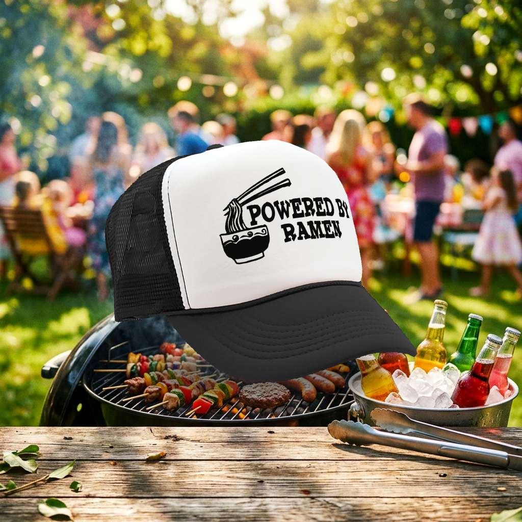 POWERED BY RAMEN - funny college noodles - Vintage Retro Style Trucker Cap Hat - Five Panel Retro Style TRUCKER Cap