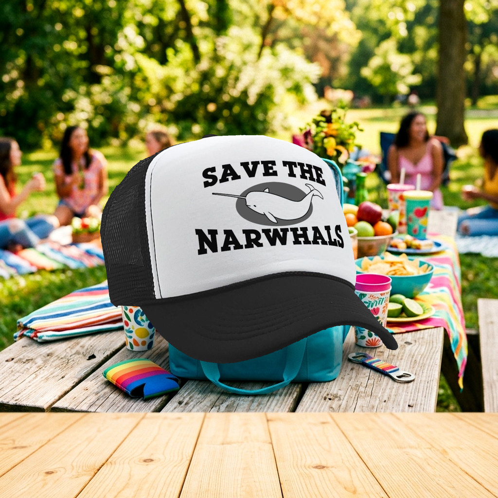 SAVE THE NARWHALS - funny wildlife activist - Vintage Retro Style Trucker Cap Hat - Five Panel Retro Style TRUCKER Cap