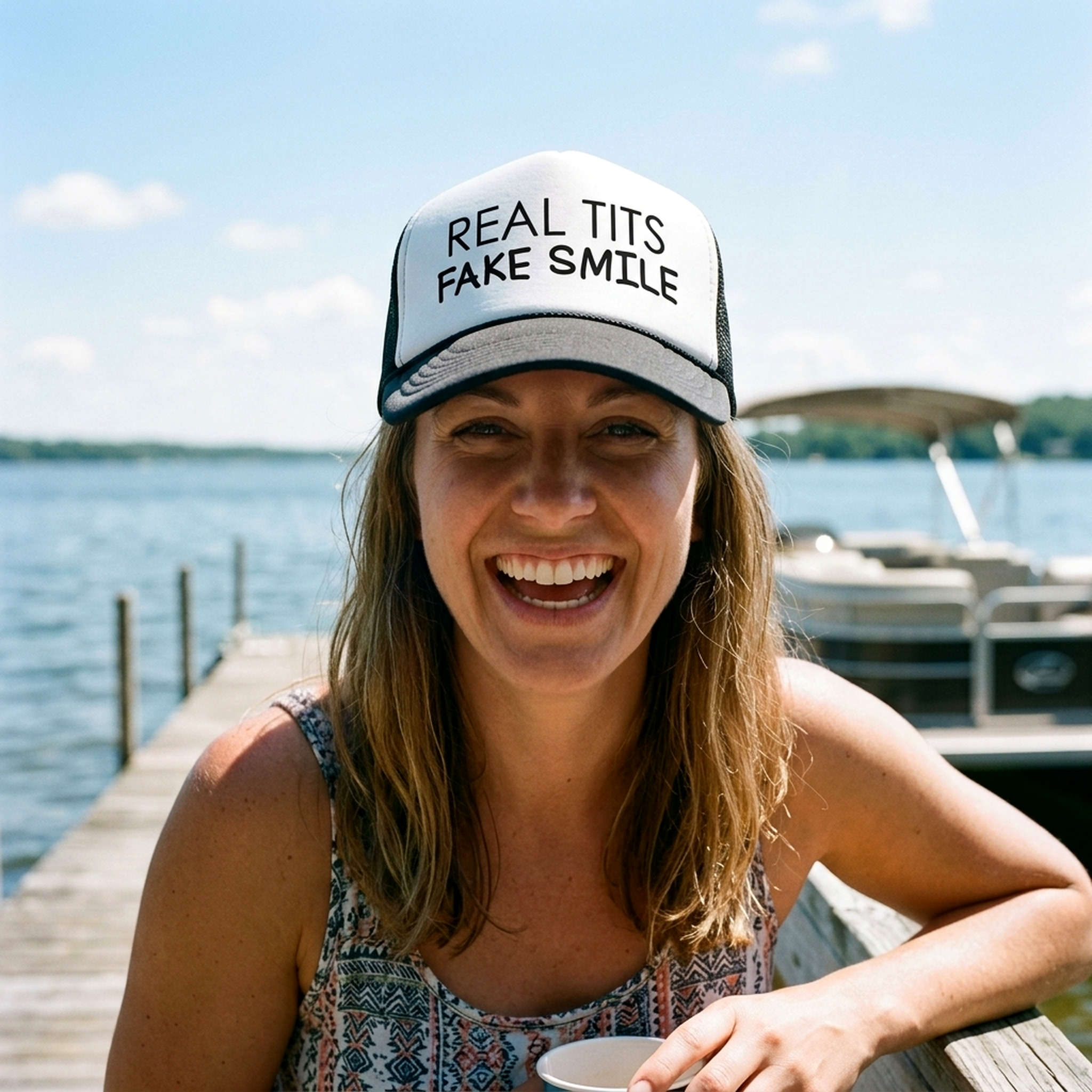 REAL TITS FAKE SMILE - parody joke gag - Vintage Retro Style Trucker Cap Hat - Five Panel Retro Style TRUCKER Cap