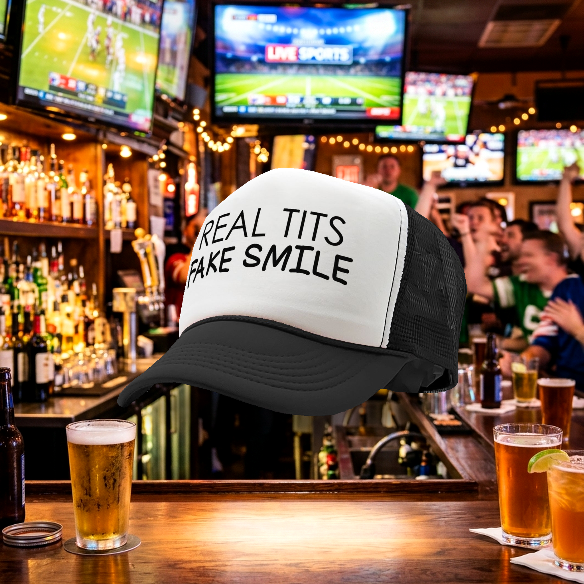REAL TITS FAKE SMILE - parody joke gag - Vintage Retro Style Trucker Cap Hat - Five Panel Retro Style TRUCKER Cap