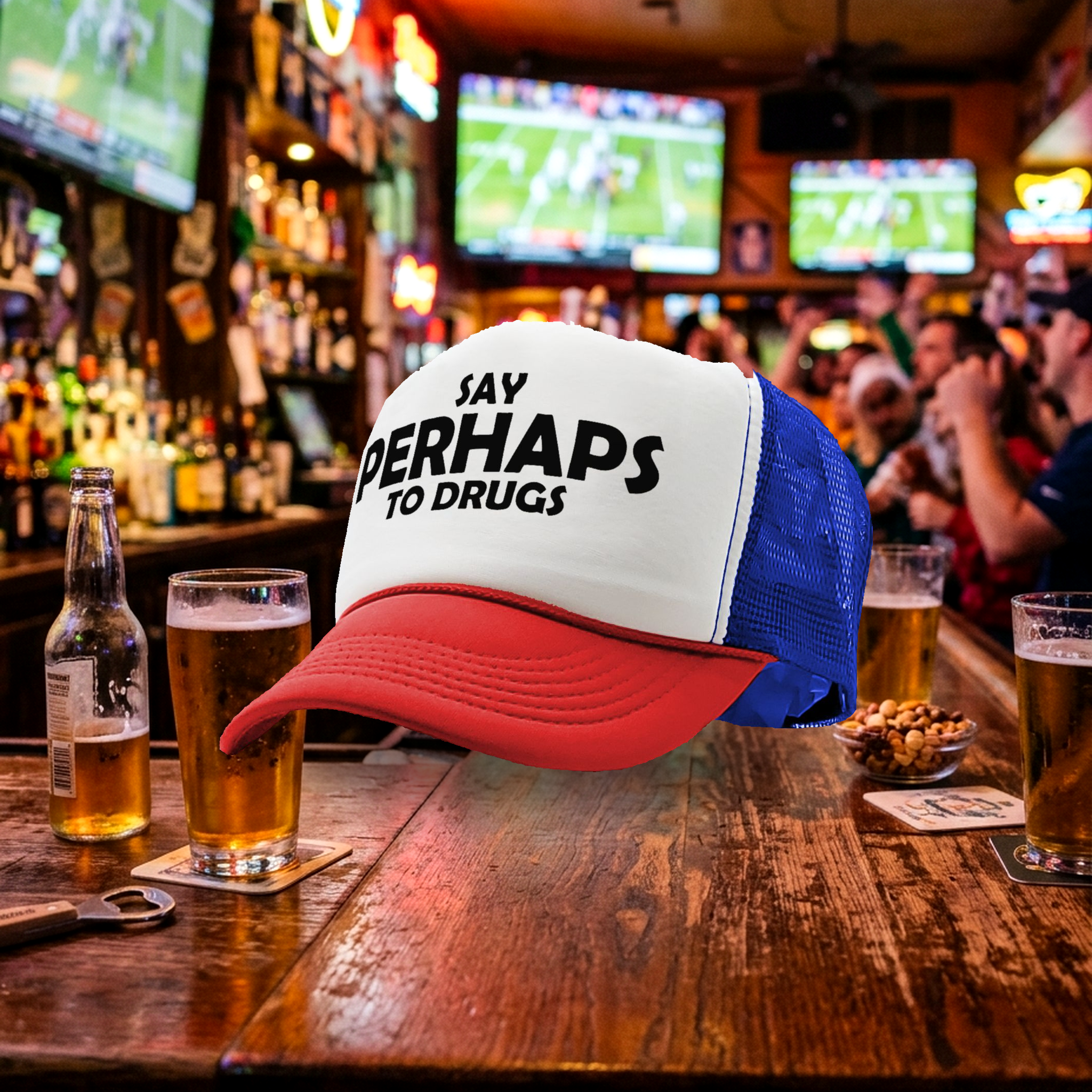 Say PERHAPS to Drugs - no maybe weed 420 funny - Vintage Retro Style Trucker Cap Hat - Five Panel Retro Style TRUCKER Cap