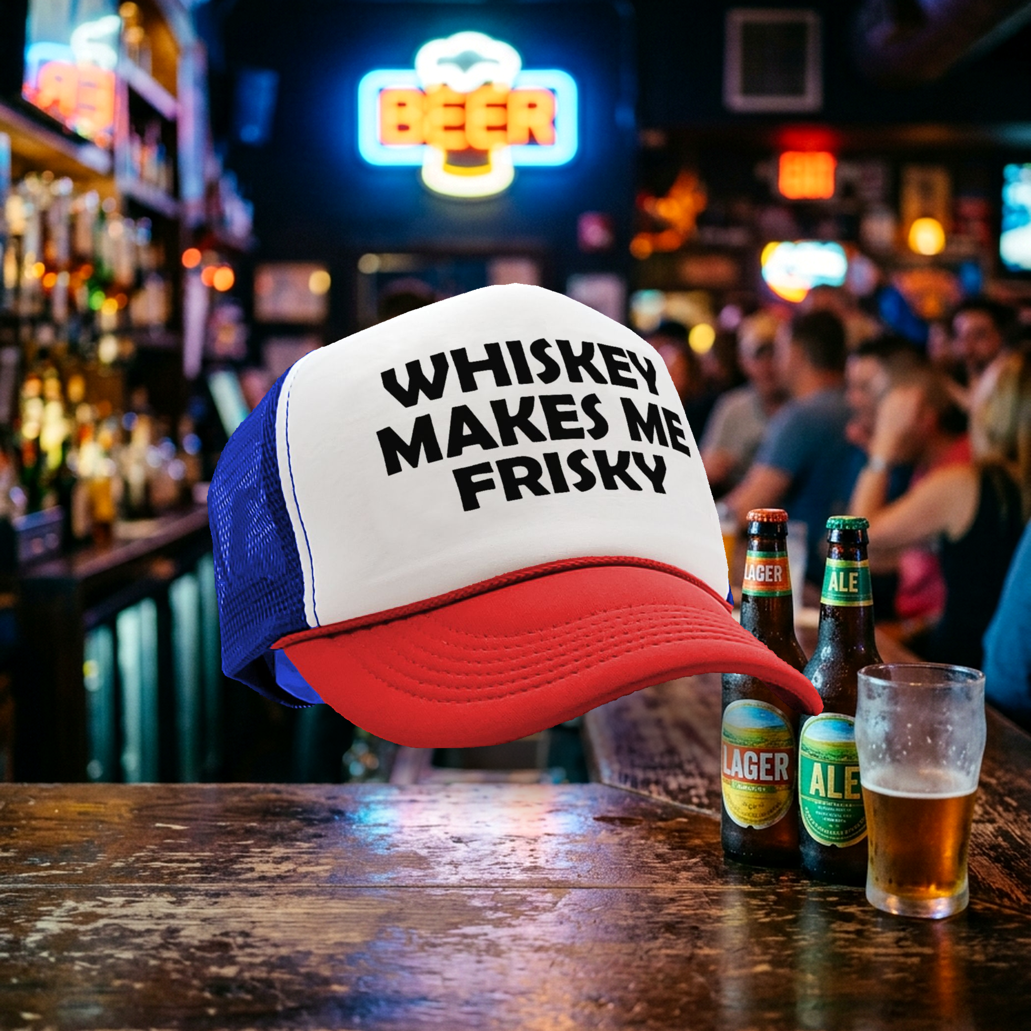 WHISKEY MAKES ME FRISKY - funny alcohol - Vintage Retro Style Trucker Cap Hat - Five Panel Retro Style TRUCKER Cap