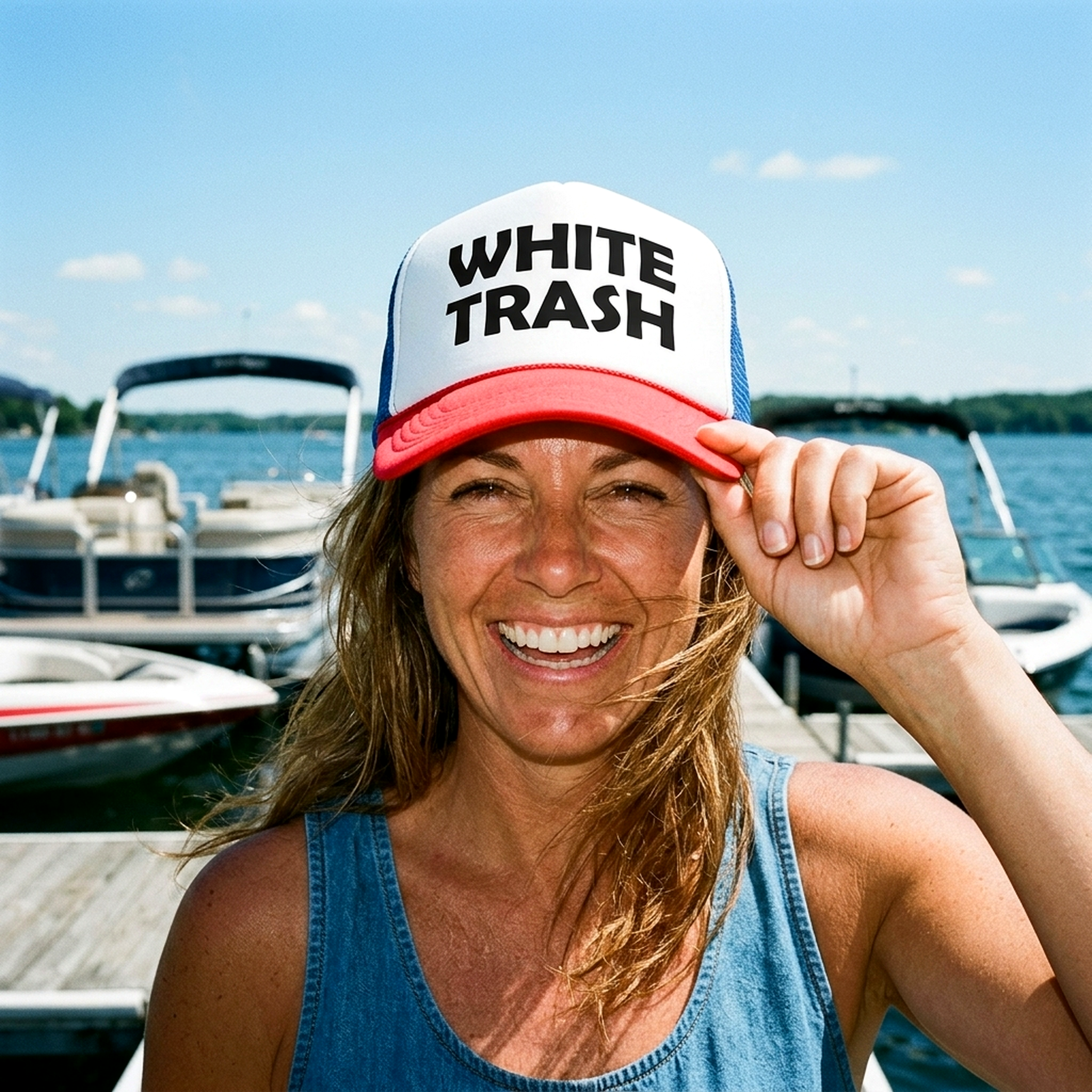 WHITE TRASH - redneck hillbilly funny prank - Vintage Retro Style Trucker Cap Hat - Five Panel Retro Style TRUCKER Cap