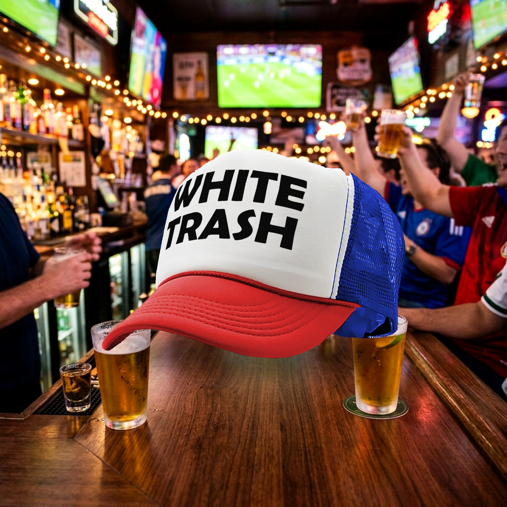 WHITE TRASH - redneck hillbilly funny prank - Vintage Retro Style Trucker Cap Hat - Five Panel Retro Style TRUCKER Cap