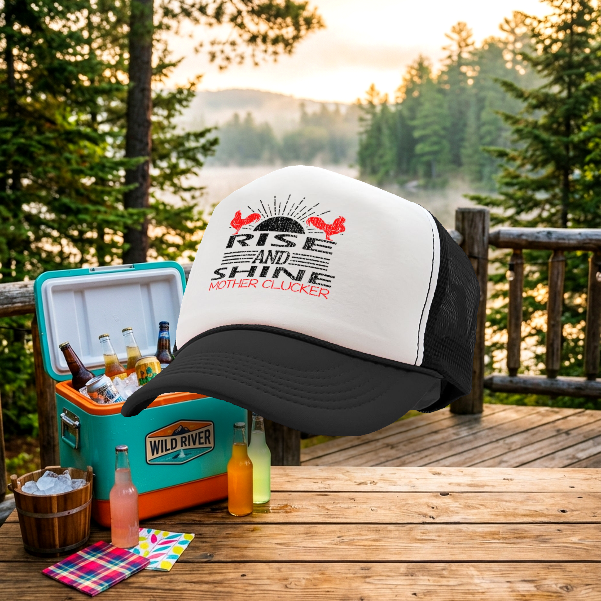RISE AND SHINE Mother Clucker - farm rooster life - Vintage Retro Style Trucker Cap Hat - Five Panel Retro Style TRUCKER Cap