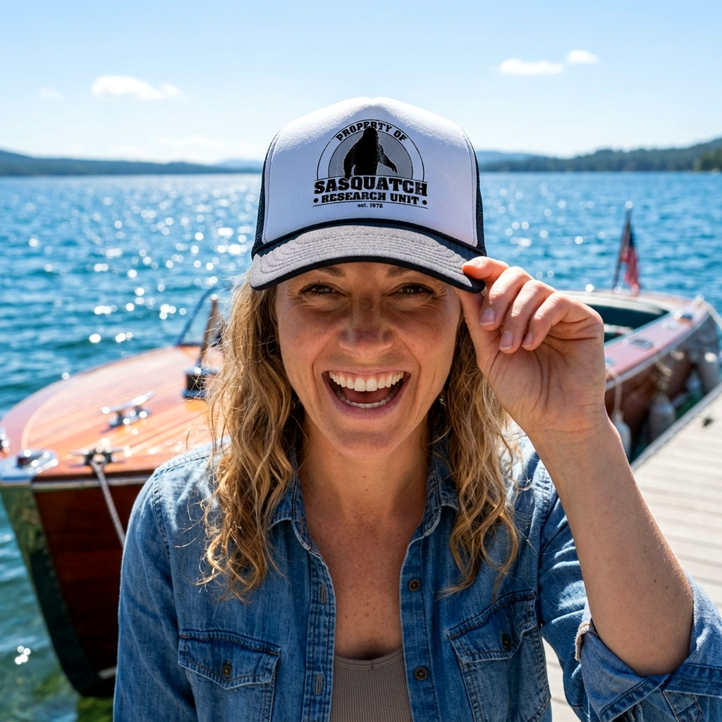 Sasquatch Research Unit Trucker Hat - Mesh Cap - Five Panel Retro Style TRUCKER Cap