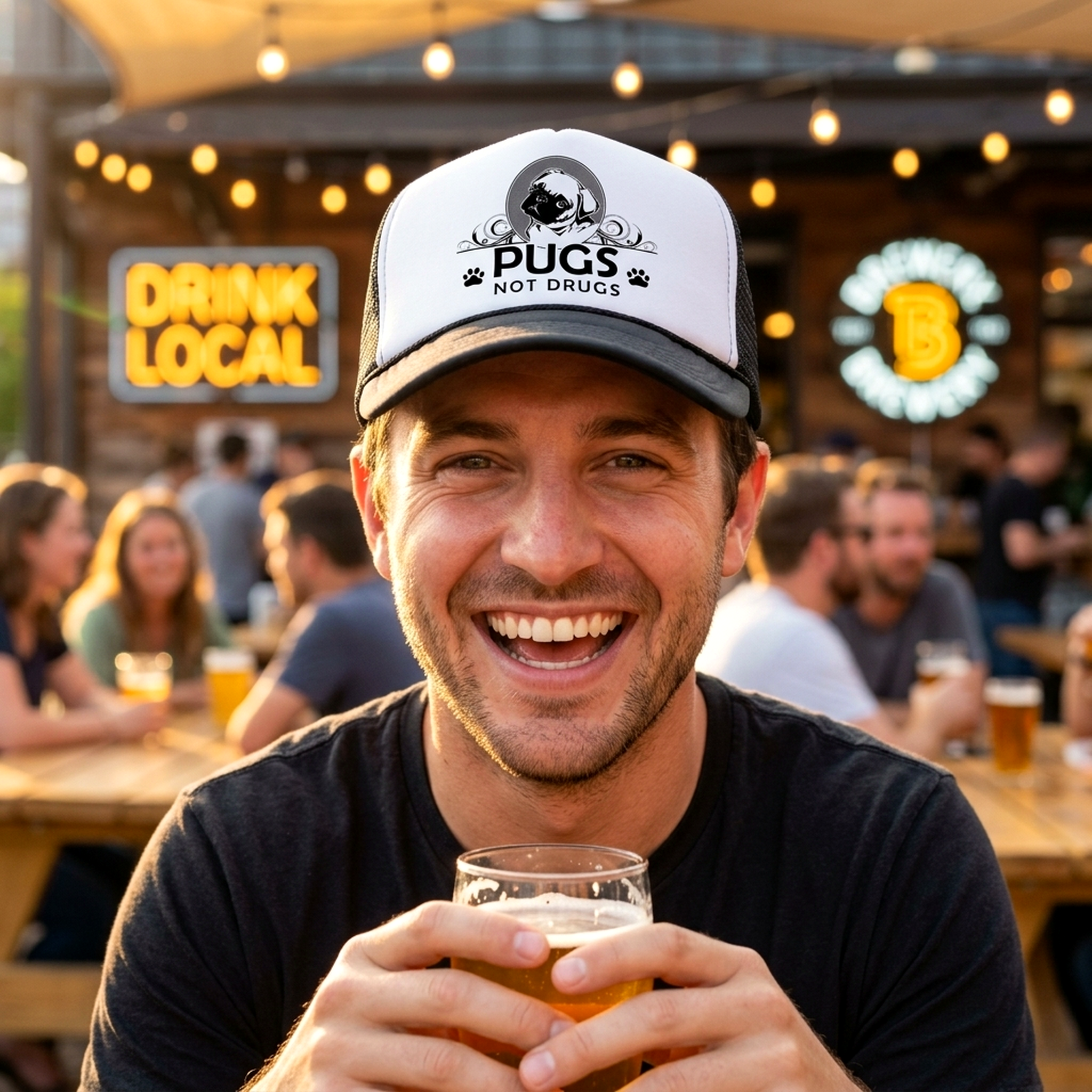 Pugs Not Drugs Trucker Hat - Mesh Cap - Five Panel Retro Style TRUCKER Cap