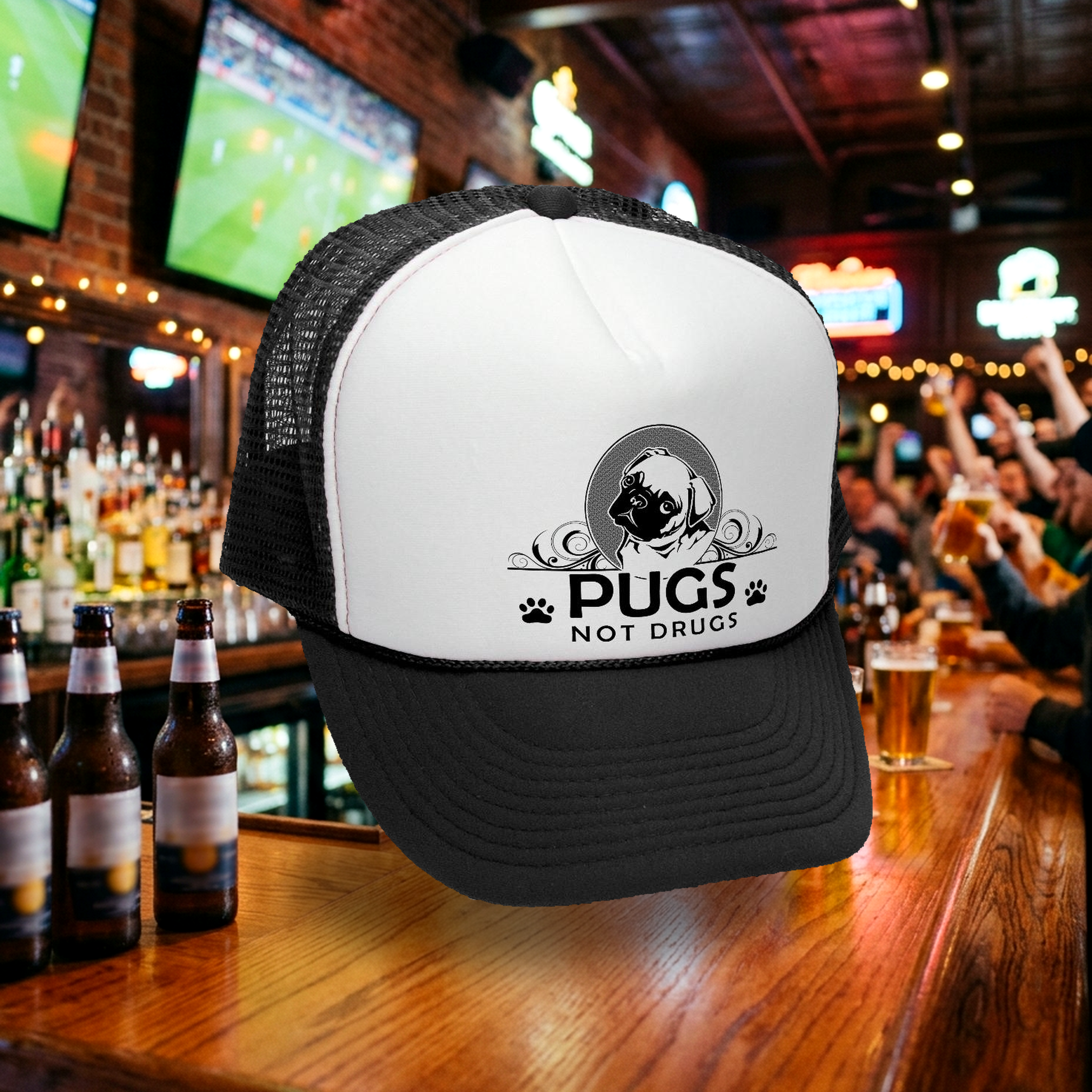 Pugs Not Drugs Trucker Hat - Mesh Cap - Five Panel Retro Style TRUCKER Cap