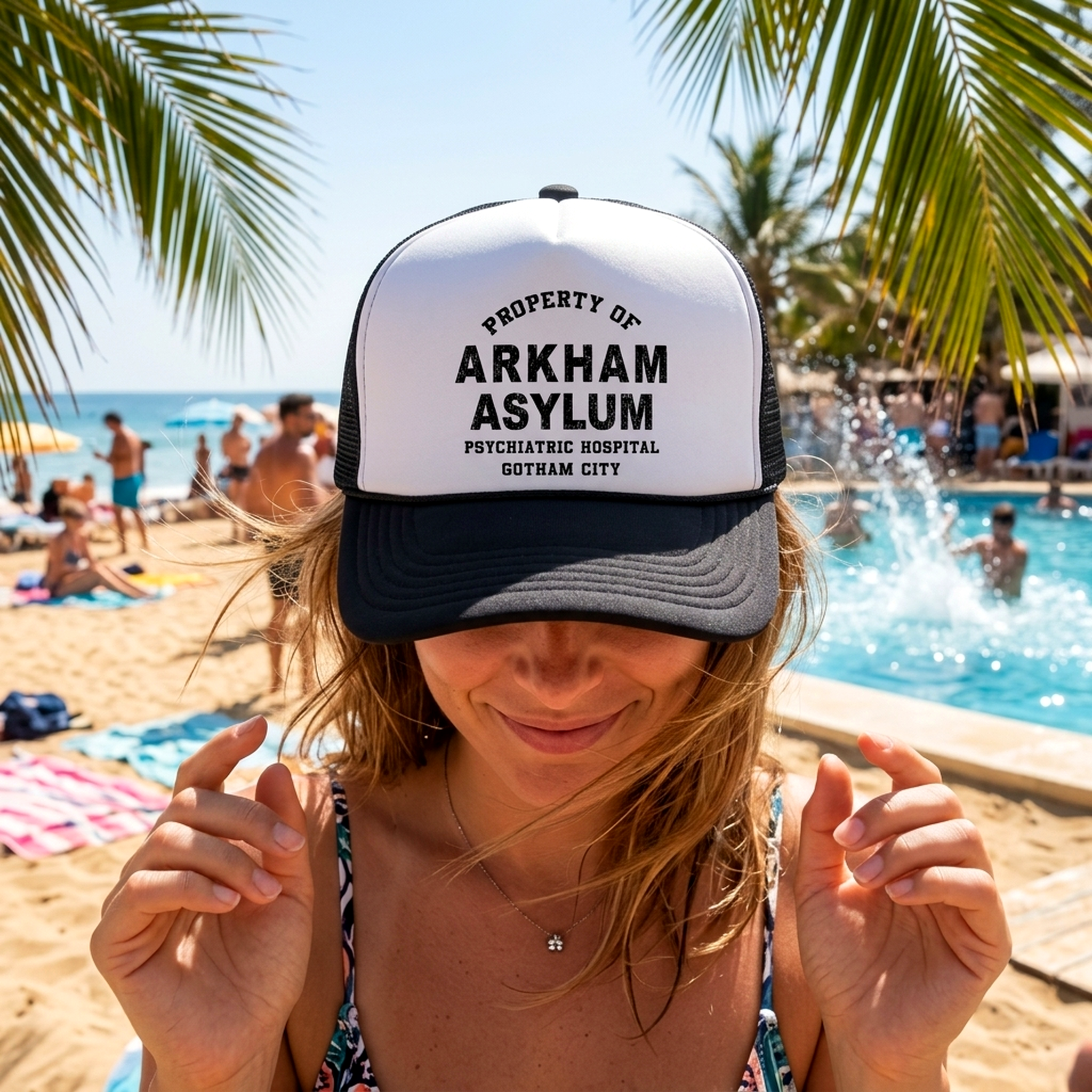 Property of ARKHAM ASYLUM - Retro Trucker Cap Hat - Five Panel Retro Style TRUCKER Cap