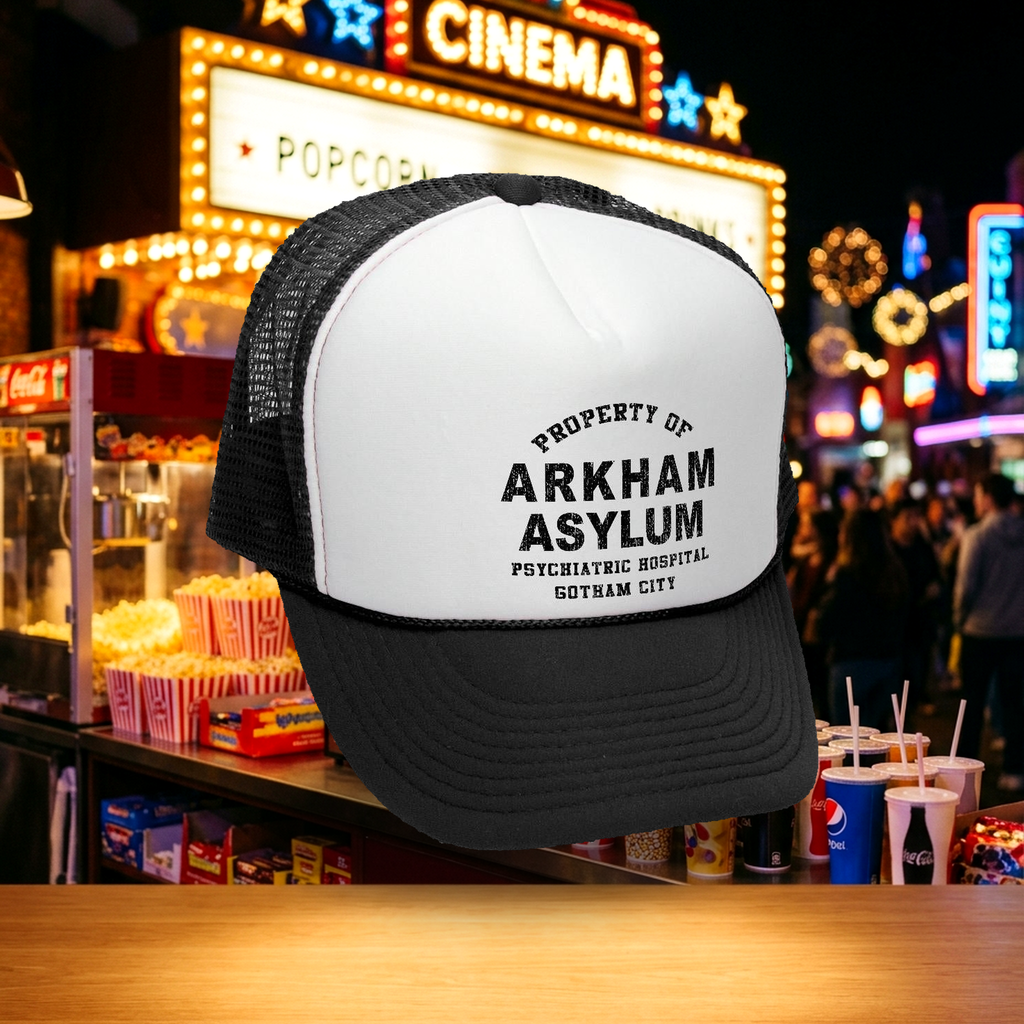 Property of ARKHAM ASYLUM - Retro Trucker Cap Hat - Five Panel Retro Style TRUCKER Cap