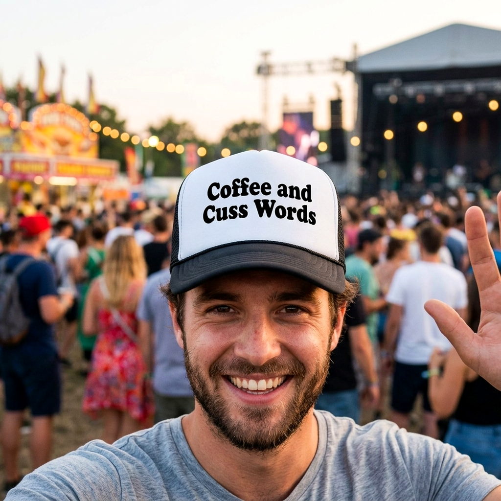 Running On COFFEE and CUSS WORDS - Retro Vintage Mesh Trucker Cap Hat - Five Panel Retro Style TRUCKER Cap