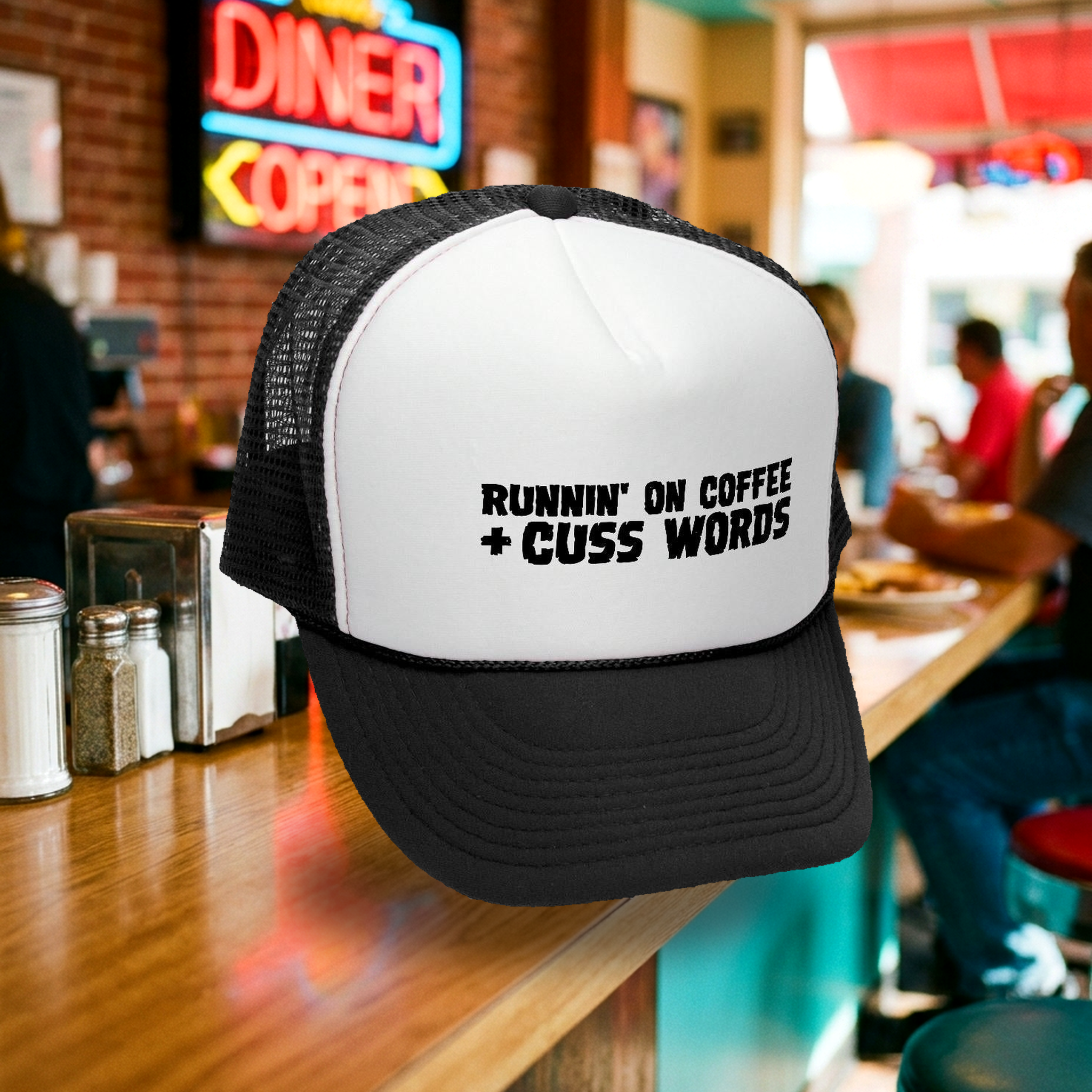Running On COFFEE and CUSS WORDS - Retro Vintage Mesh Trucker Cap Hat - Five Panel Retro Style TRUCKER Cap