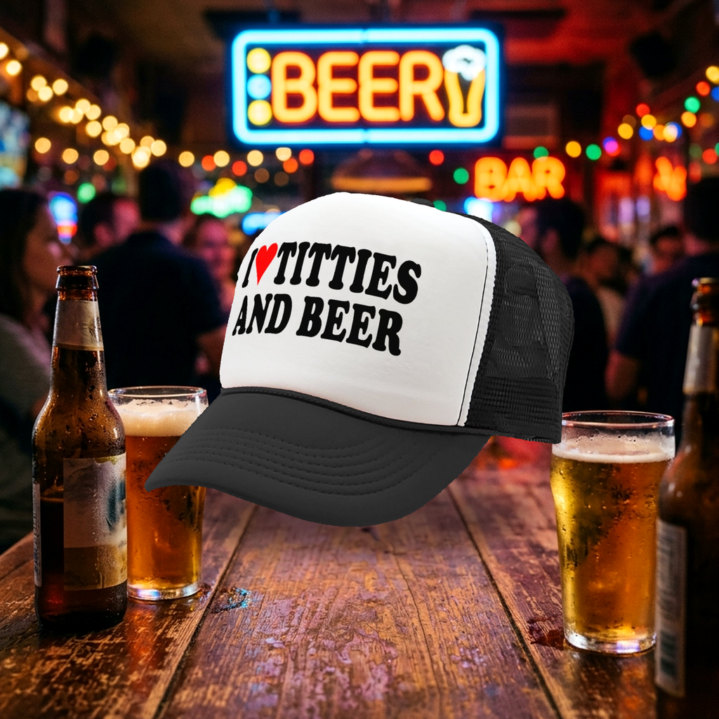 I HEART TITTIES and BEER - love funny gag - Retro Style Trucker Hat Baseball Cap - Five Panel Retro Style TRUCKER Cap