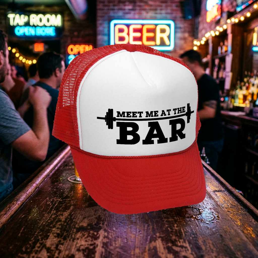 MEET ME AT THE BAR - weight lifting fitness - Mesh Trucker Hat Cap - Five Panel Retro Style TRUCKER Cap