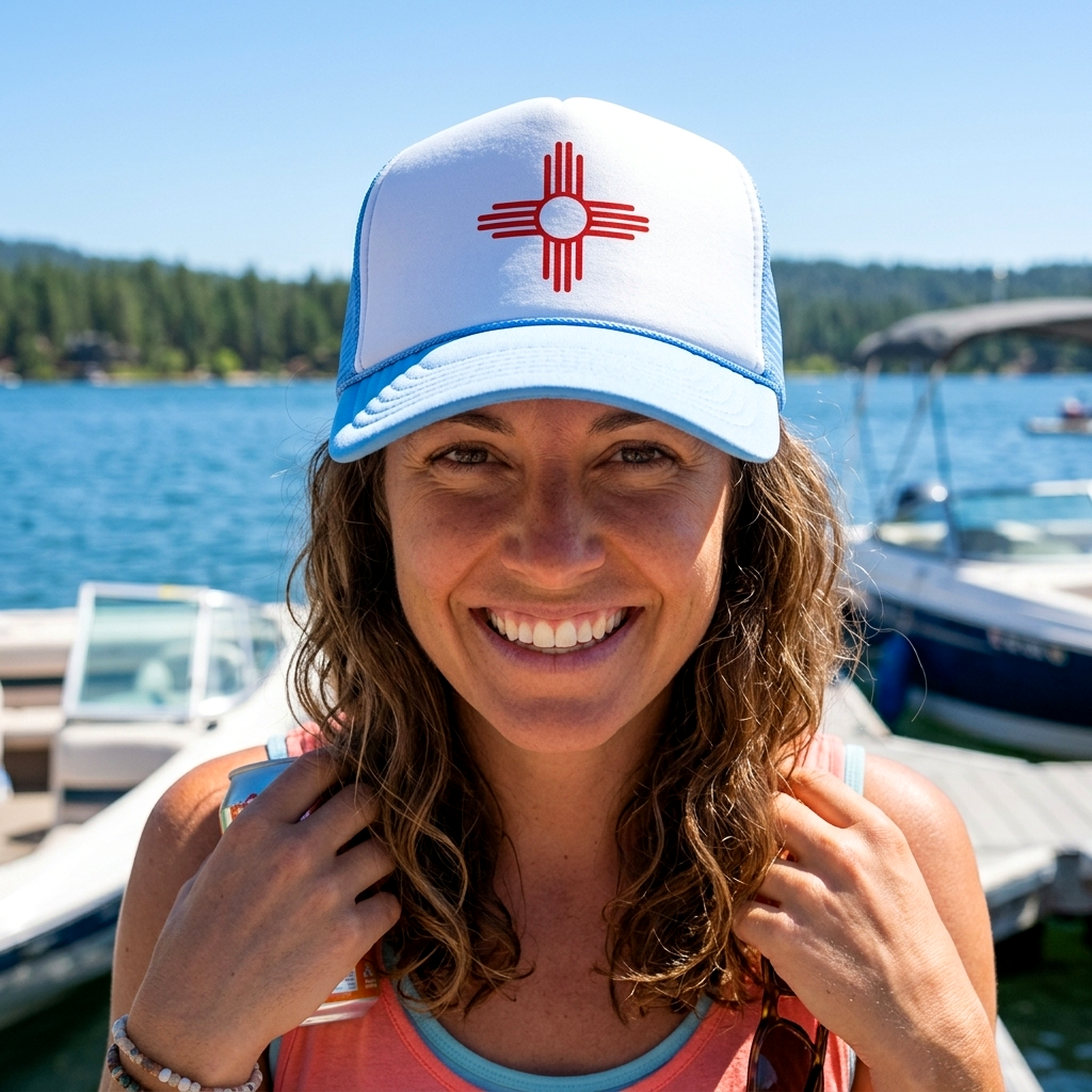 NEW MEXICO FLAG - zia symbol state flag - Adult Trucker Cap Hat - Five Panel Retro Style TRUCKER Cap